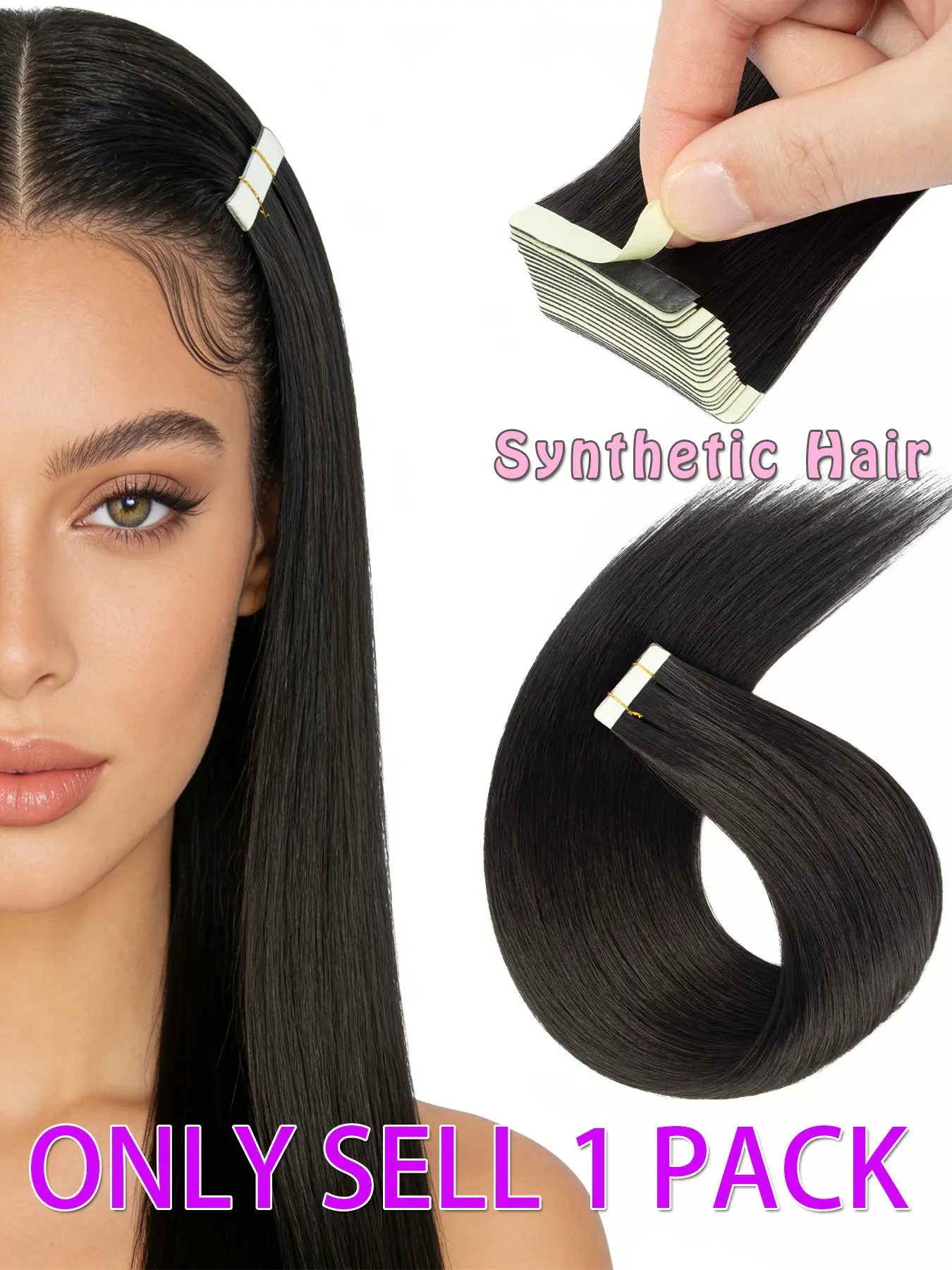 20pcs Tape-In Synthetic Hair Extensions, Artificial Hair Extension, Black, Seamless Tape Extensions for Volume, Length, Highlights, Damage-Free Application and Removal, Suitable for All Hair Types, Natural Look
