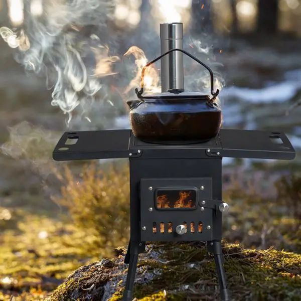 Outvita Camping Wood Stove, Outdoor Portable Tent Wood Burning Stove with Stainless Chimney Pipes, Tent Stove Jack & Gloves for Outdoor Camping Cooking and Heating (Black) Summervibes