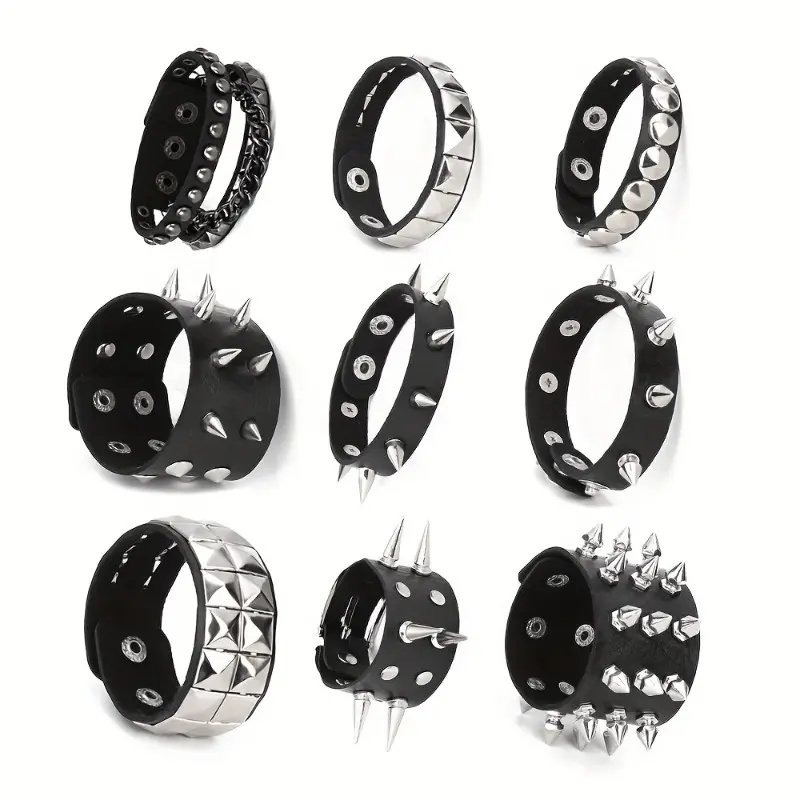 9Pcs Gothic Hip-Hop Punk Adjustable PU Leather Bracelet & Bangle Set - Studded Wristbands with Spiked Rivets, Chain, Star, Skull for Teenagers, Gothic Style, Bracelet Set, Fashion, Hip-Hop Punk Bracelets & Bangles