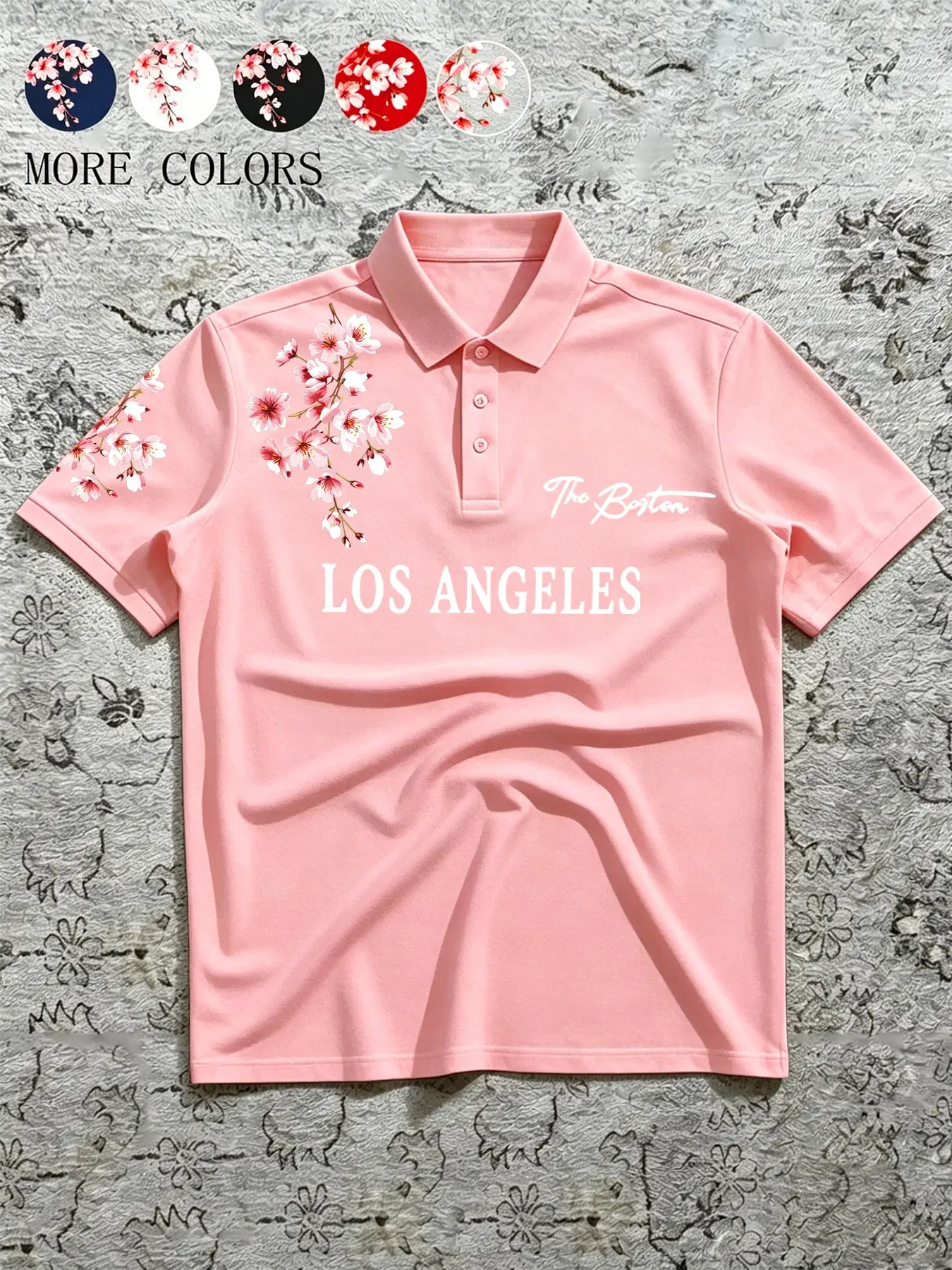Men’s American casual street style polo shirt with short sleeves, black polo shirt featuring Los Angeles cherry blossom print, suitable for everyday commuting and casual wear.