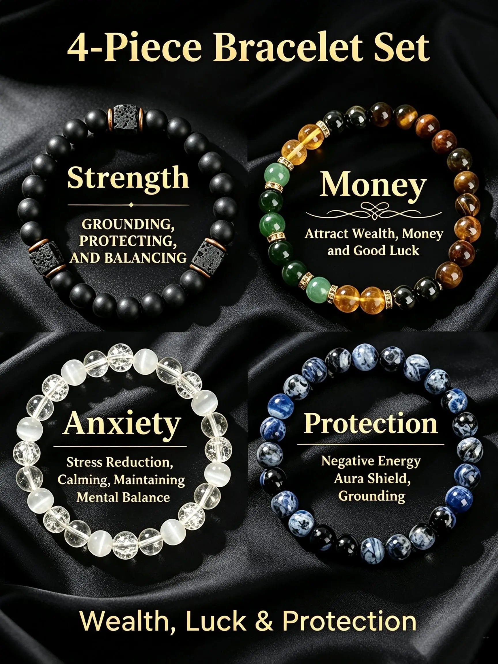 Men Women 4 Pcs Bohemian Set, Tiger Eye Obsidian Hematite Natural Stone Beads, Bohemian Beaded Bracelet, Protection Money Attraction Anxiety Relief Strength