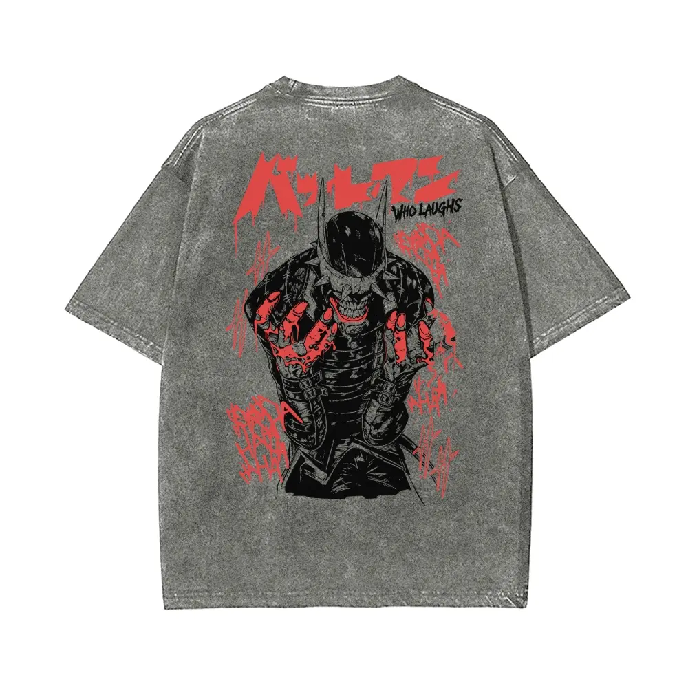 Dual-sided dripping red bat insignia & full spiked helmet laughing bat retro washed cotton tee, iconic gloomy dark hero street top for long-time gotham comic enthusiasts comfy anyone casual menswear apparel graphic everyday tshirt