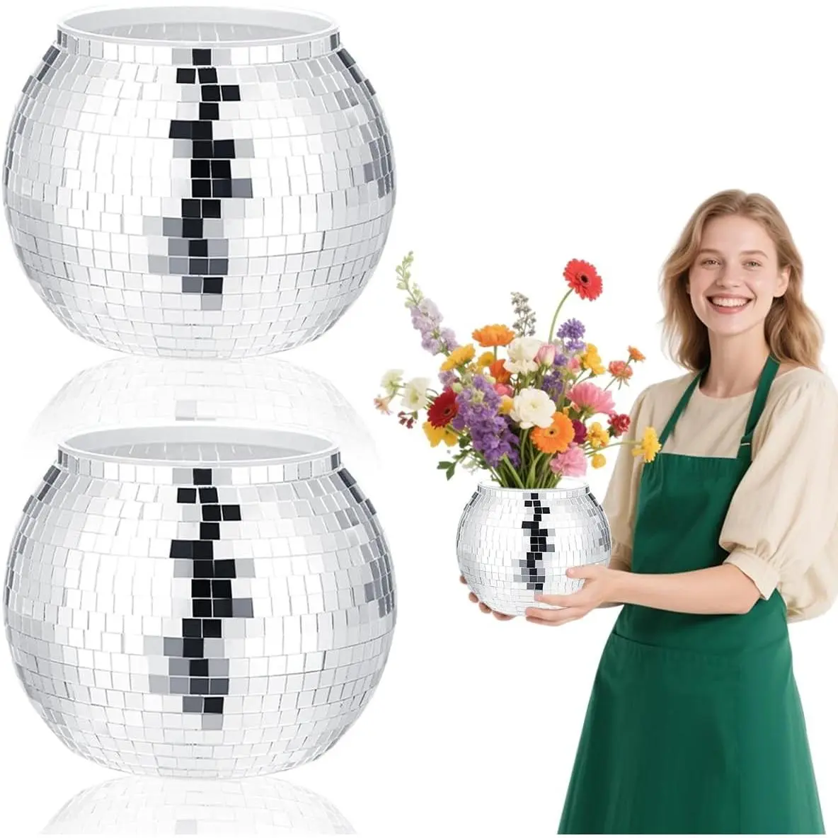 2 Pcs Disco Ball Vase,Plastic Disco Ball Centerpieces,7'' x 9'' Silver Disco Ball Planter Mirror Disco Ball Ice Bucket Disco Ball Decor Can Be Used for Wedding Centerpieces,Birthday,Office