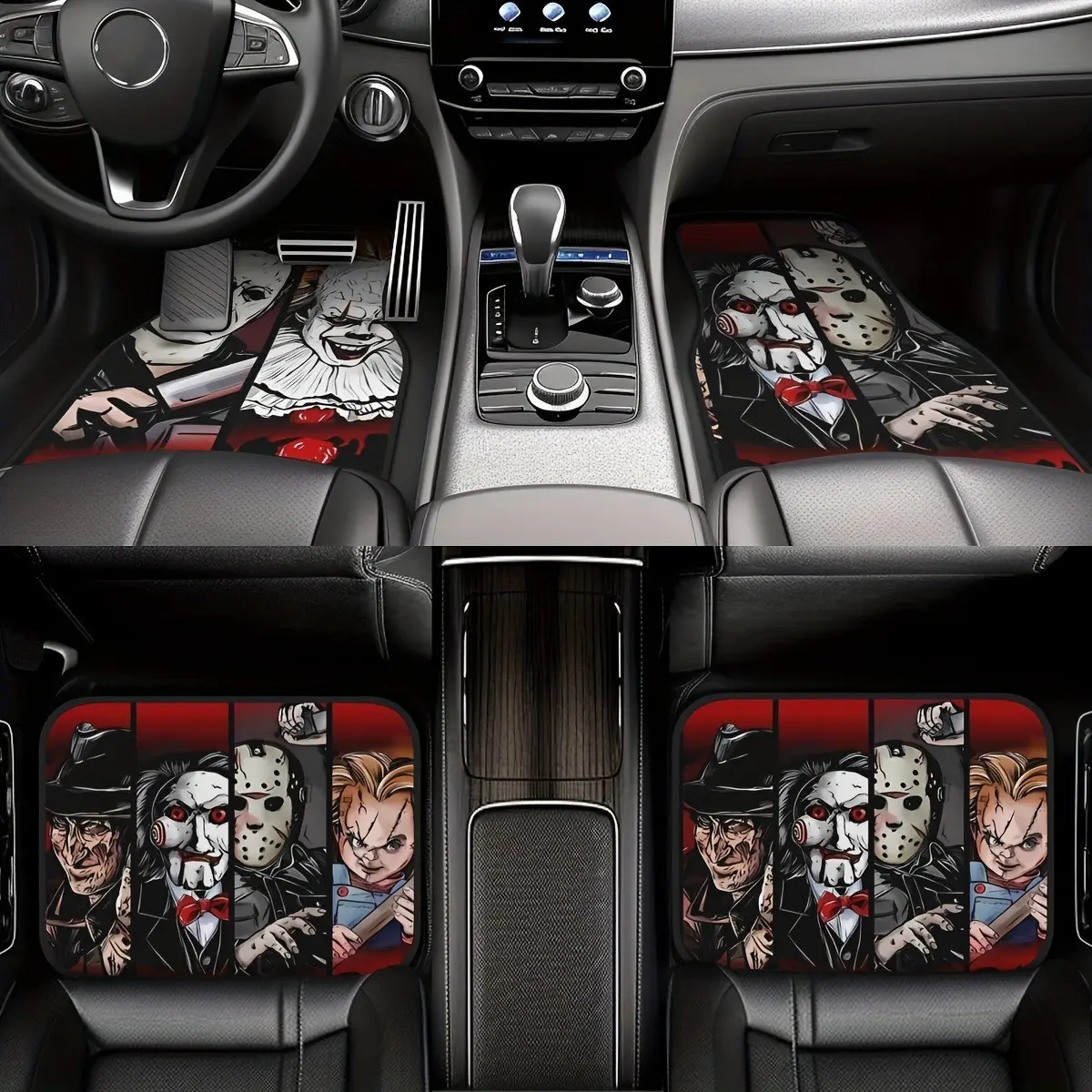 4 Anime Halloween Monster Car Mats, Polyester Fiber Interior Accessories, Universal Size, for Cars Suvs Trucks, Christmas Gift Idea