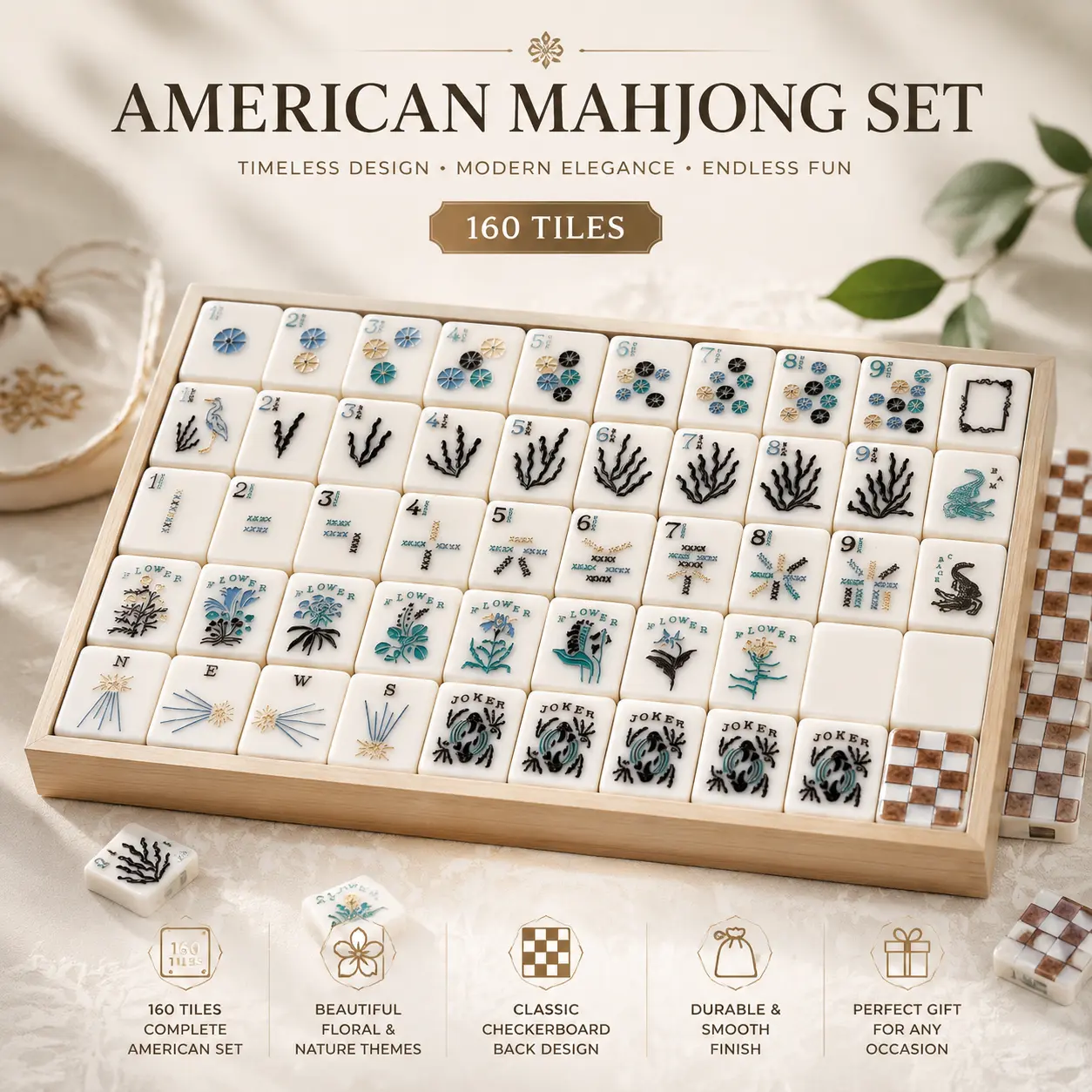 Beth American Mahjong Set - 160 Acrylic Tiles with Durable Smooth Finish, Indoor Tabletop Games for Home Family Night, Modern Elegant Party Board Game