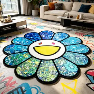 Blue Gradient Sunflower Rug, Artistic Graffiti Smile Mat, Comfortable Indoor Carpet, Hand Wash Only, for Living Room Bedroom Kitchen, Gradient Print Rug