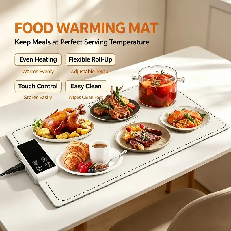 Food warming mat, temperature control and timer function, the electric heating mat features rapid heating across the entire surface, and its foldable design is suitable for buffet parties and kitchen countertops