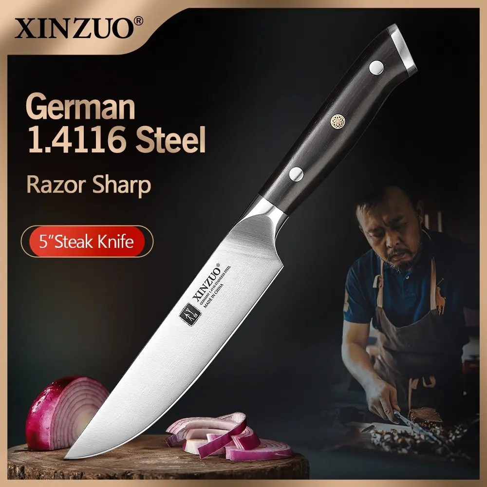 XINZUO Yu Series 5-Inch Steak Knife, German 1.4116 Molybdenum Vanadium Steel, High-Quality Ebony Handle, 56-58 HRC, Polished High-End Appearance, Sharp & Light, 6.0-8.0N Cutting Force