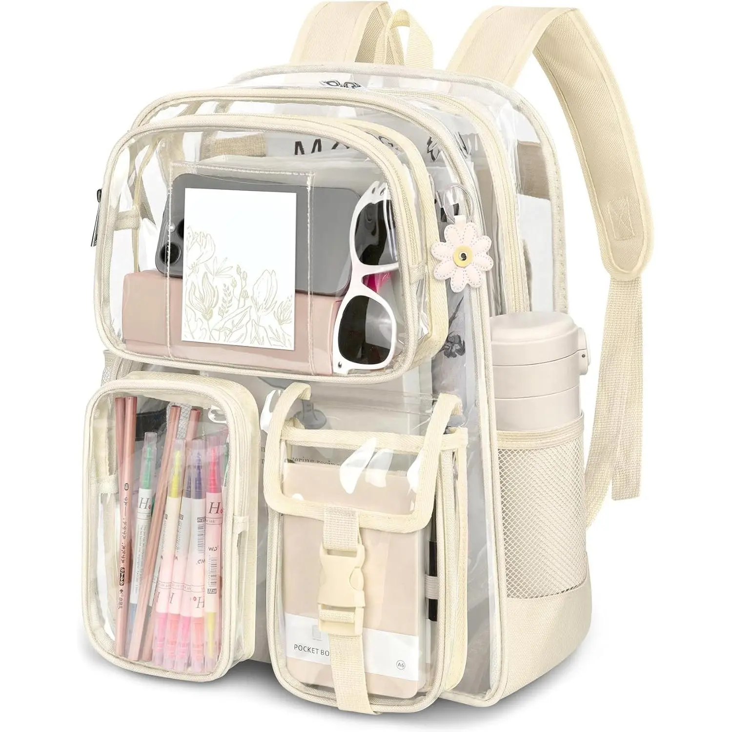 Clear Backpack for School, Heavy Duty PVC Transparent Bookbag with Reinforced Straps Stitches, Clear Bag for Stadium Events Girls Boys, Large Capacity Backpack for Security College Work - BeigeGift
