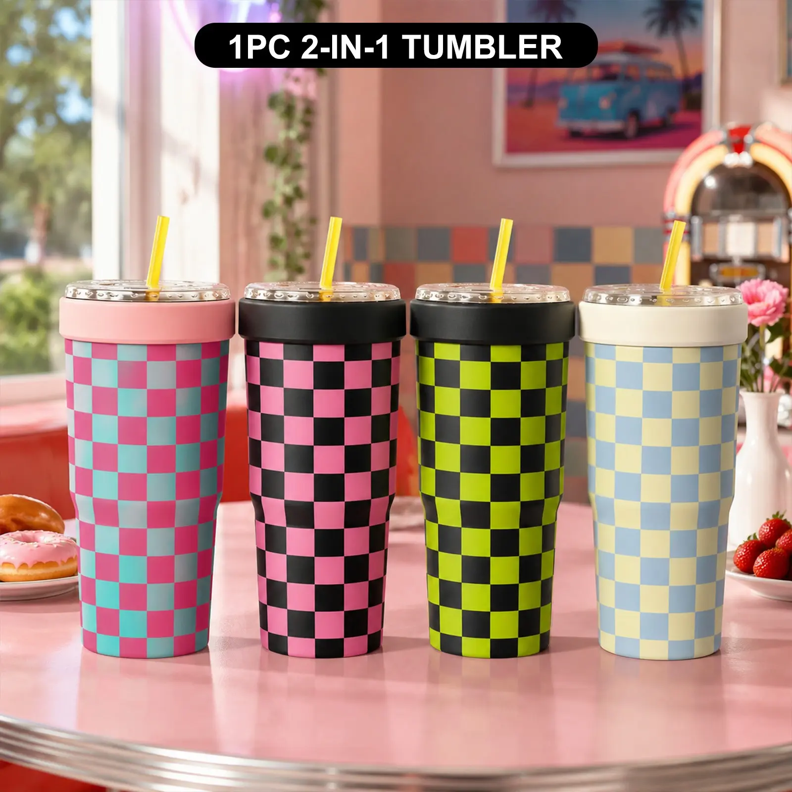 1 PC Checkerboard Print 2-in-1 Insulated Tumbler & Iced Coffee Cup Sleeve, Trendy Double Wall Vacuum Stainless Steel Travel Mug, Leakproof, Keeps Cold 12+H & Hot 6+H, Fits 16-24oz To-Go Cups, Cup Holder Friendly, Stylish Daily Gift Halloween, Christmas