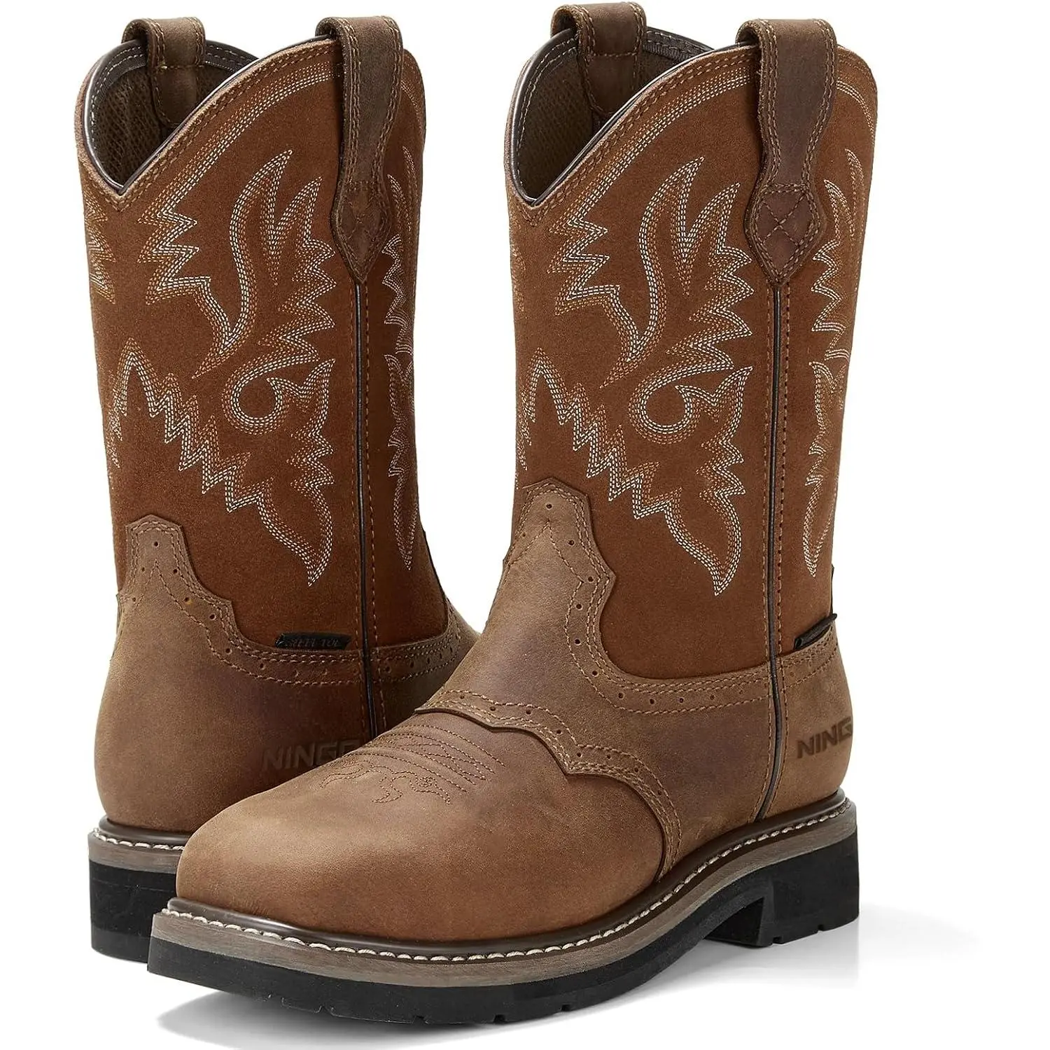 HISEA NINGO Steel Toe Work Boots for Men, Waterproof Square Toe Cowboy Boots Slip on, Comfortable Soft Toe Pull on Western Safety Work Shoes for Construction Industrial Working Welding Riding, Brown