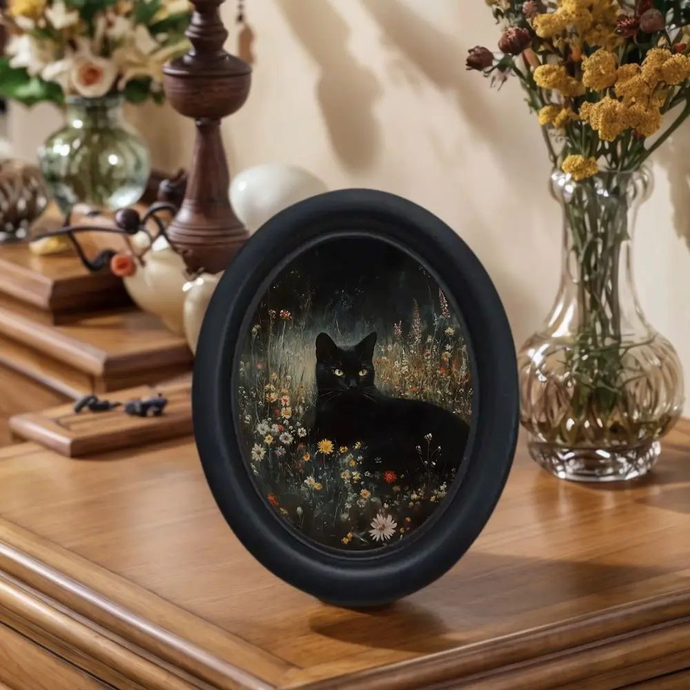 Halloween Oval Wooden Framed Cat Desktop Photo Frame, Vintage Gothic Style Cat Painting, Holiday Photo Decorations for Living Room, Office, Bookshelf