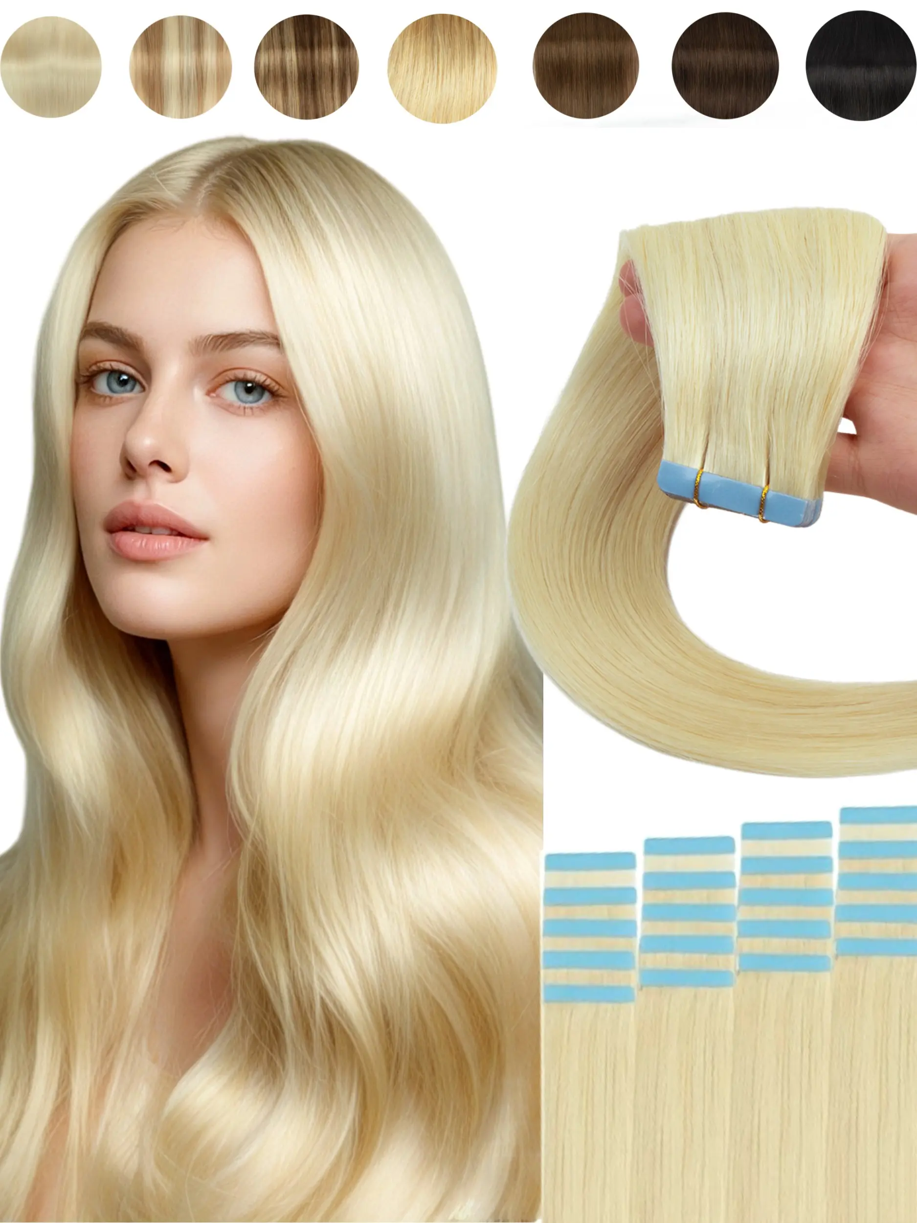 20pcs Straight Tape in Human Hair Extensions, 12-22 Inches, High Quality 30g/pack, Salon Grade, Silky Seamless, Invisible PU Tape