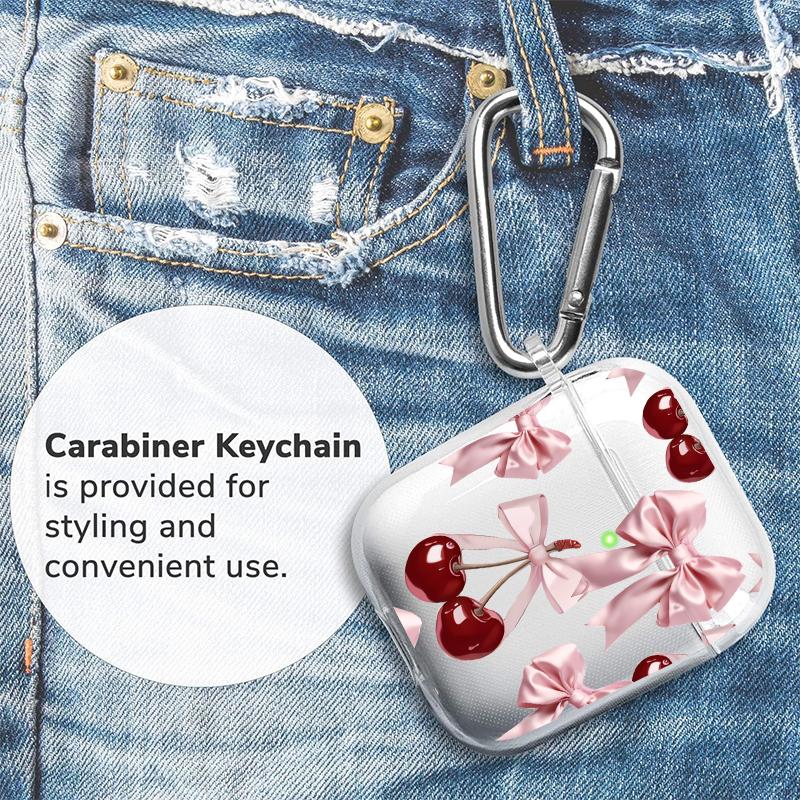 Cherry Bows Pattern TPU Soft Protective Case for Apple AirPods 4/3/2/1/Pro/Pro2 Transparent Earphone Cover with Keychain Attachment