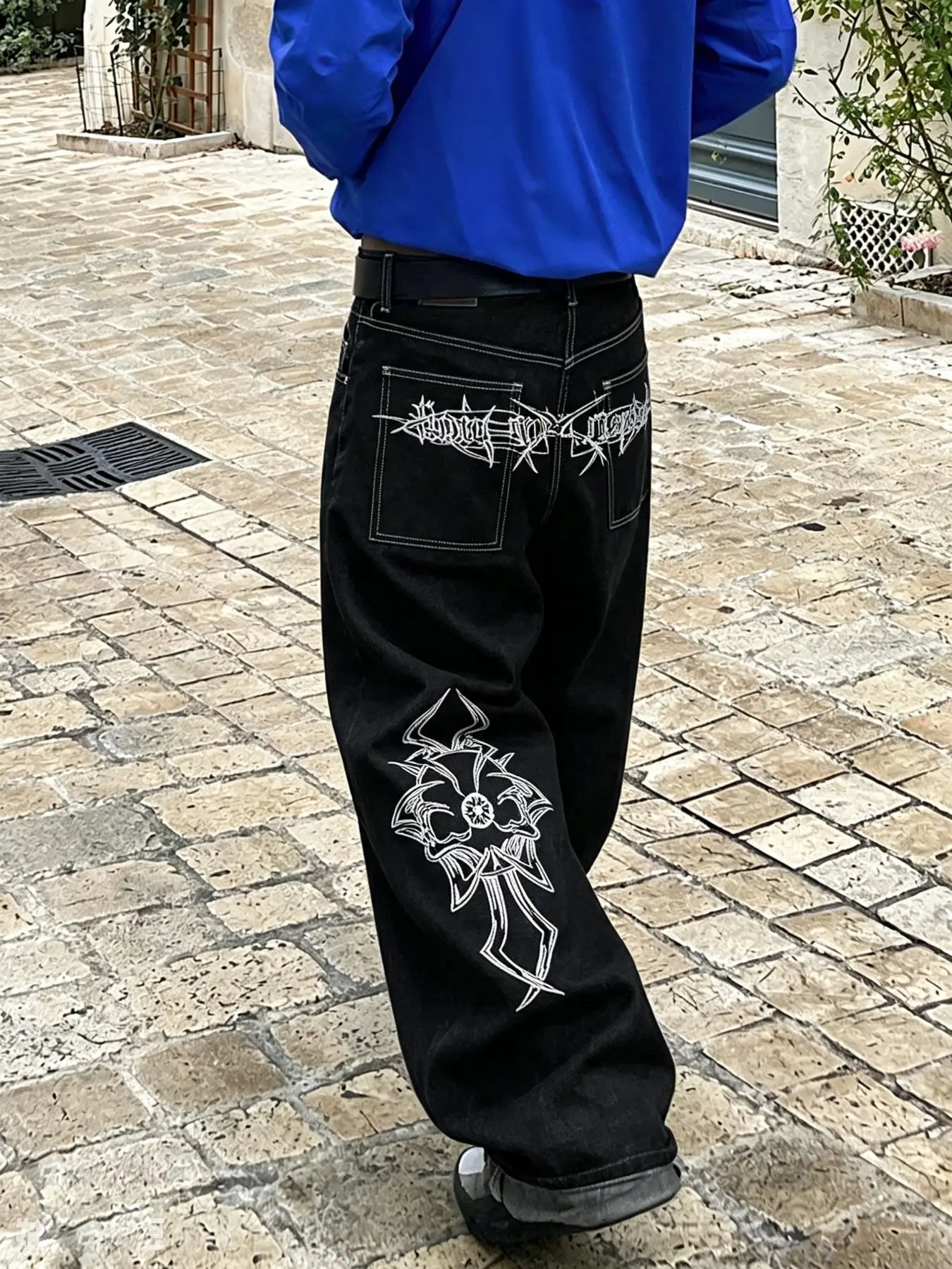 Men's New Loose-Fit Jeans, Baggy Jeans Streetwear, Casual Embroidered Trendy Long Pants, All-Season Fashion, Plain Surface, Unlined, 88.2 G/m²