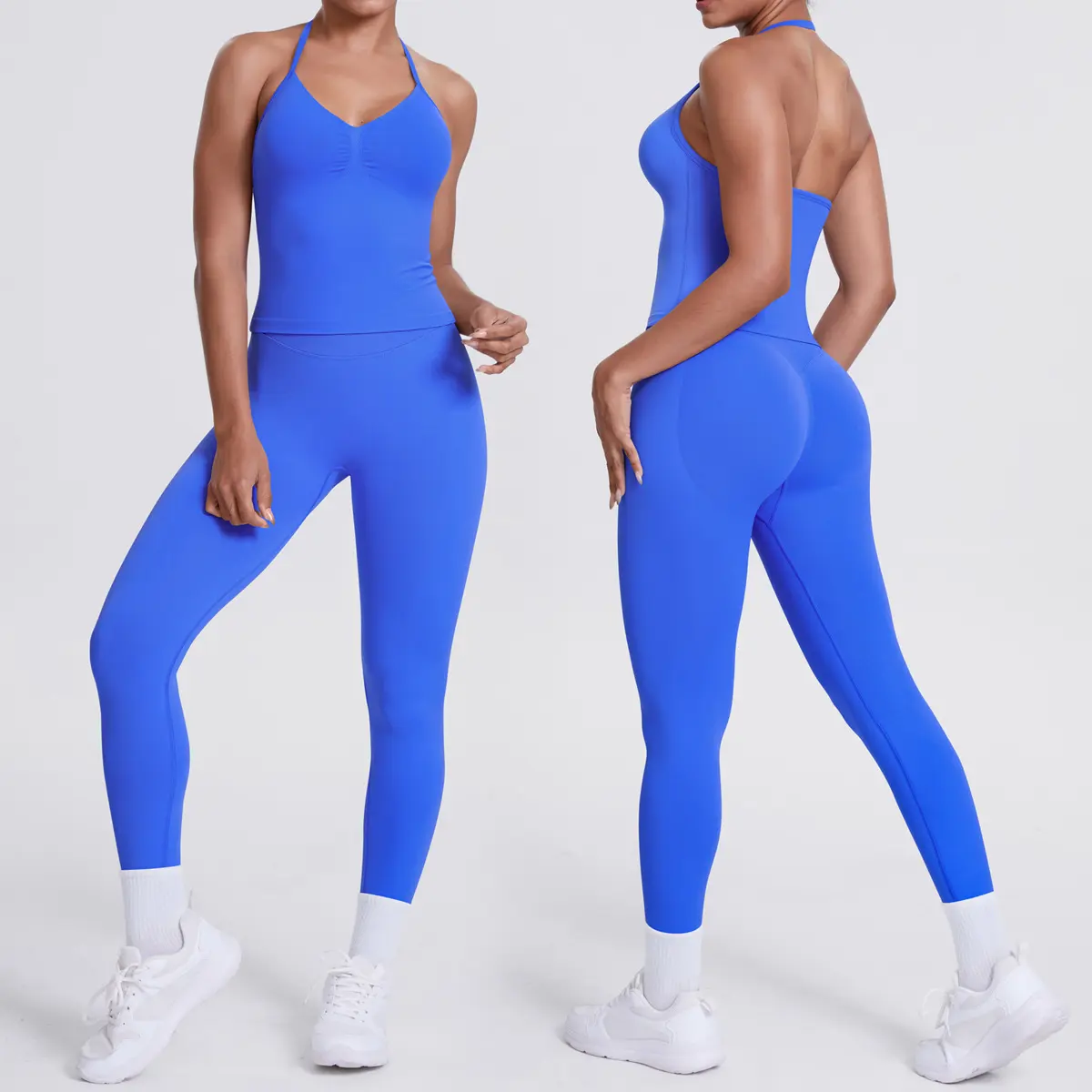 Women’s 2-Piece Matching Activewear Set - Ruched Halter V-Neck Tank Top & High-Waist Full-Length Leggings, Sporty Fitness Clothing Set for Fitness for Everyone, Get in Shape, Sport Ready