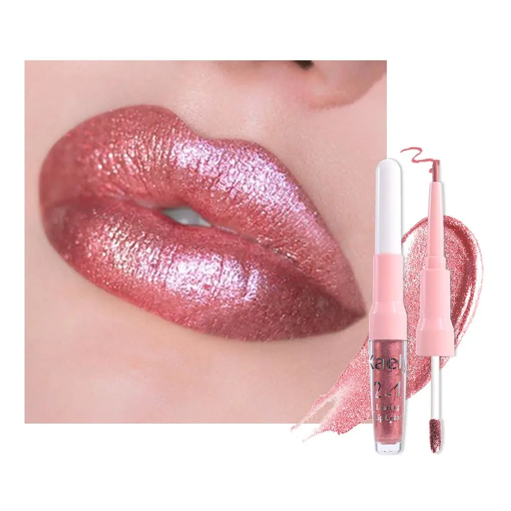 Kaely 2-in-1 Mauve Metallic Lipstick & Lip Liner, Long-Lasting Waterproof Shimmer Liquid Lip Gloss, Sparkly Pearlescent Lip Stain for Women