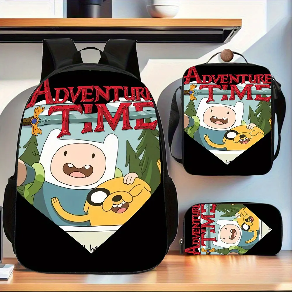 Adventure Time Finn and Jake forest-themed three-piece school bag set with red lettering and black trim, includes a backpack, insulated lunch bag, and pencil case, suitable for daily use by teenagers