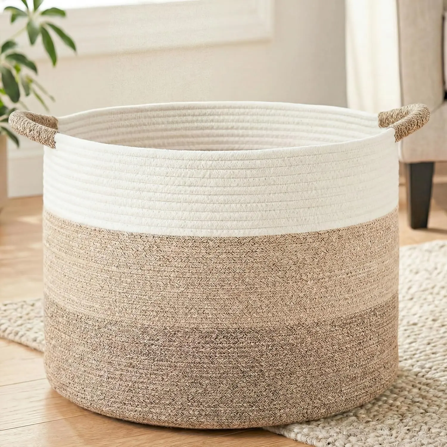 Summerwins Eco-Friendly Cotton Rope Square Laundry Basket - 40L/70L/100L Large Boho Woven Decor, Blanket Storage & Nursery Use (Brown Yellow)