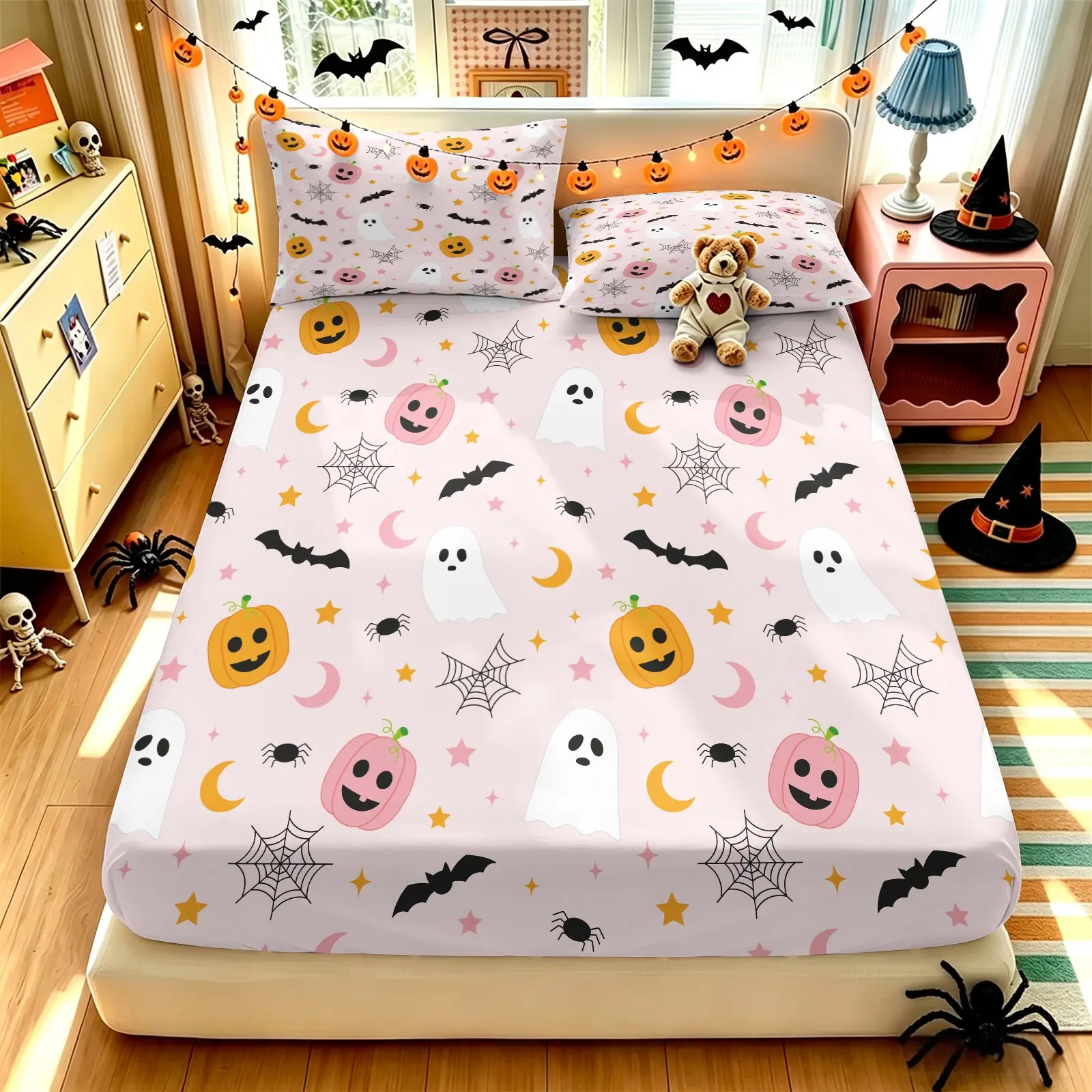 3PCS Cute Pink Ghost Pumpkin Moon Star Halloween Fitted Sheet Set (1 Fitted Sheet+2 Pillowcases), Vivid HD Digital Print, Ultra Soft Breathable Skin Friendly Fabric, Stretch Deep Pocket, Bedroom Decor Accessories, Lovely Girls Halloween Gift