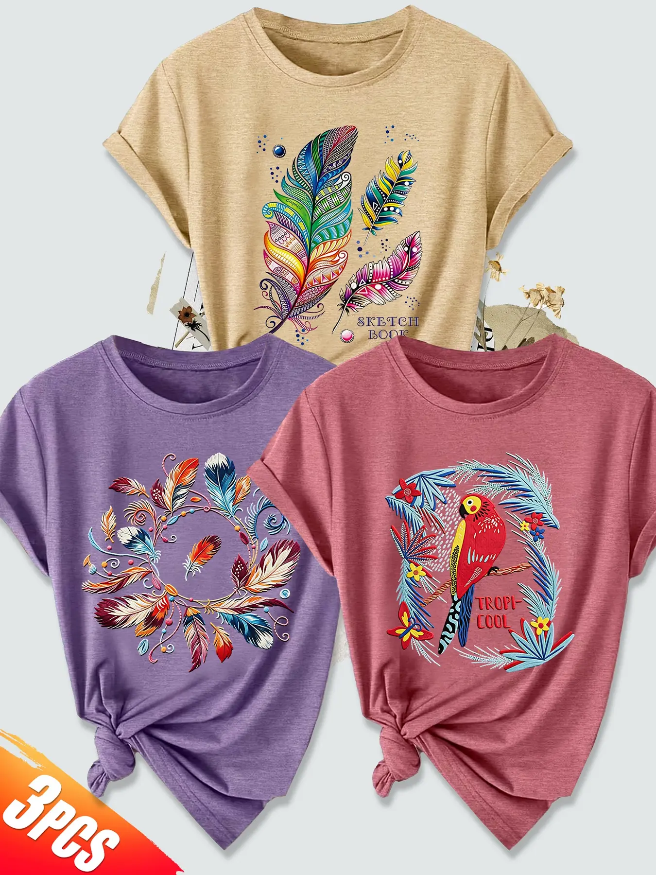3Pcs Women Crew Neck T-Shirt, Ethnic Colorful Feather Parrot Tropical Plant Print, Multi-color Available, Machine Washable, Soft Skin-friendly Spring Summer Daily Stylish Top