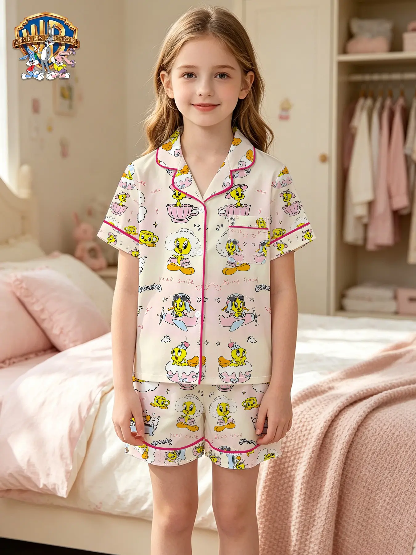 Official Warner Bros. Looney Tunes Tweety Pajamas for Girls, Cute Cartoon Sleepwear Set, Short Sleeve & Shorts, Kids' Night Clothes