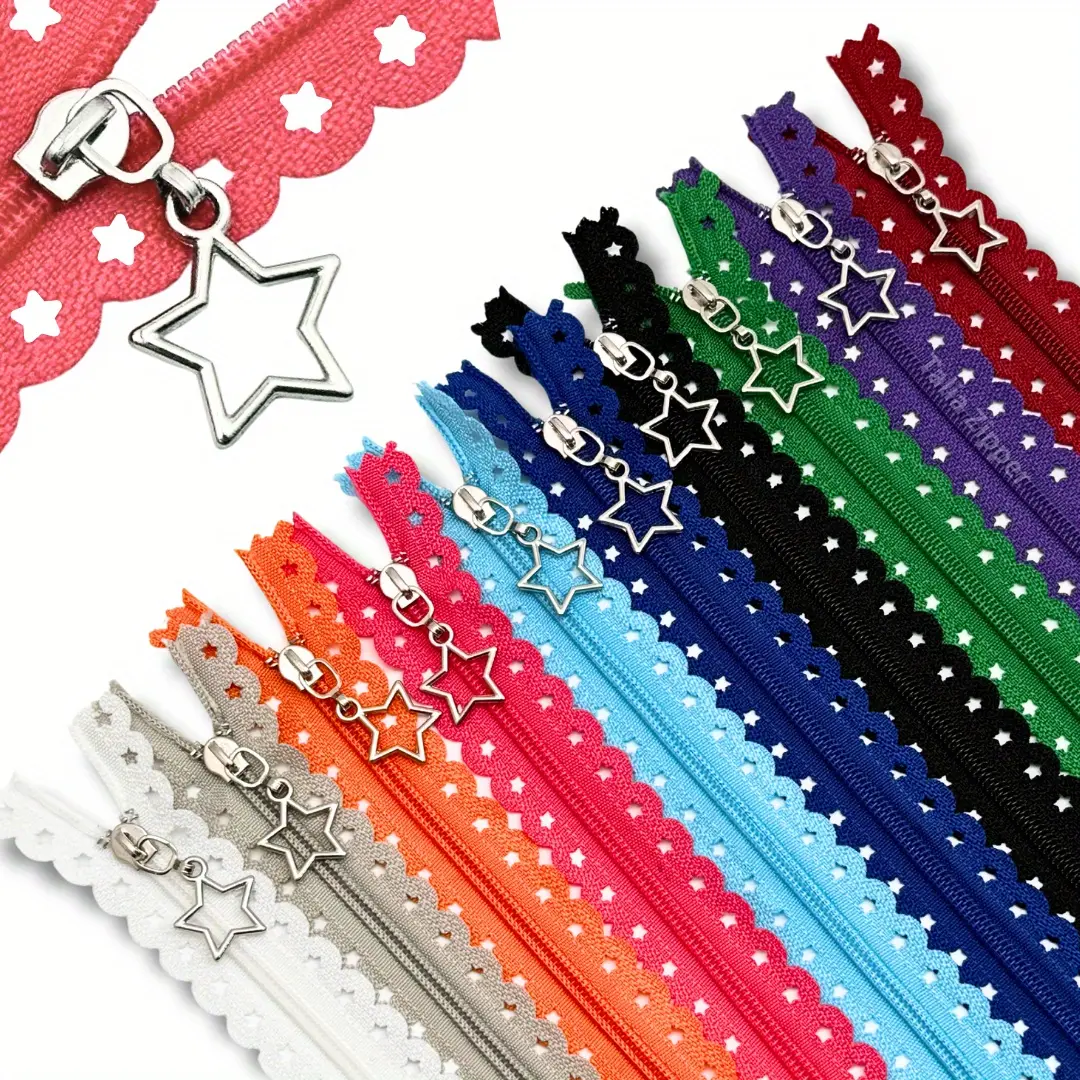 10pcs Nylon Lace Closed-End Zippers with Star Design, Ideal for DIY Crafts, Sewing Projects and Fashion Accessories
