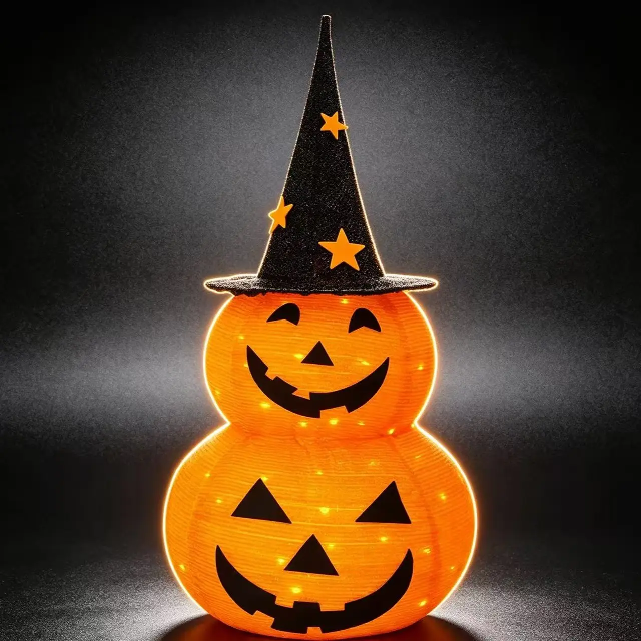 Collapsible Stacked Pumpkin Halloween Decor, Festive Home Decoration, Stretchable Jack-o'-Lantern with Witch Hat, 100 Warm White LED US Plug Light for Yard, Garden, Porch, Party Decor