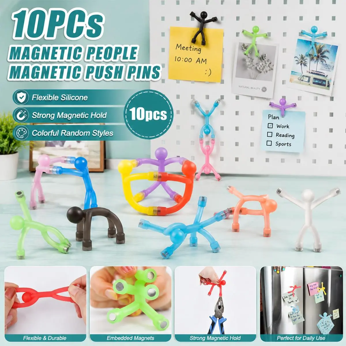10PCS Magnetic People Fridge Magnets, Colorful Flexible Silicone Magnet Men Push Pins with Embedded Strong Magnets, Cute Magnetic Figures for Refrigerator, Whiteboard, Office Bulletin Board, Locker Decor, Memo Photo Holder and Party Gift