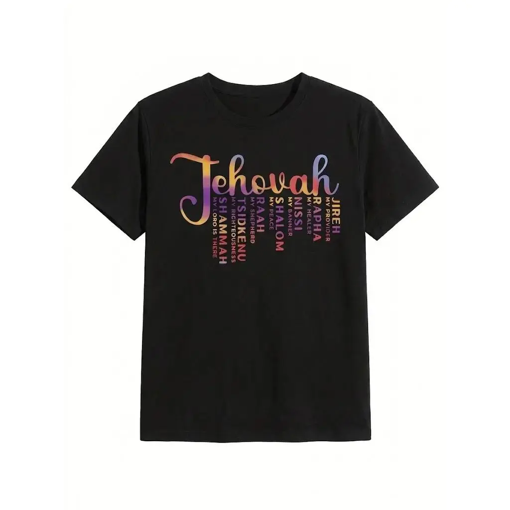 Women's Christian Faith Shortleeve Round Neck T-Shirt - Multicolor Hebrew-English Bible Verse, Yeshua/Jehovah/Immanuel Letter Print Casual Top for Church & Daily Use, Machine Washable, Shortsleeve