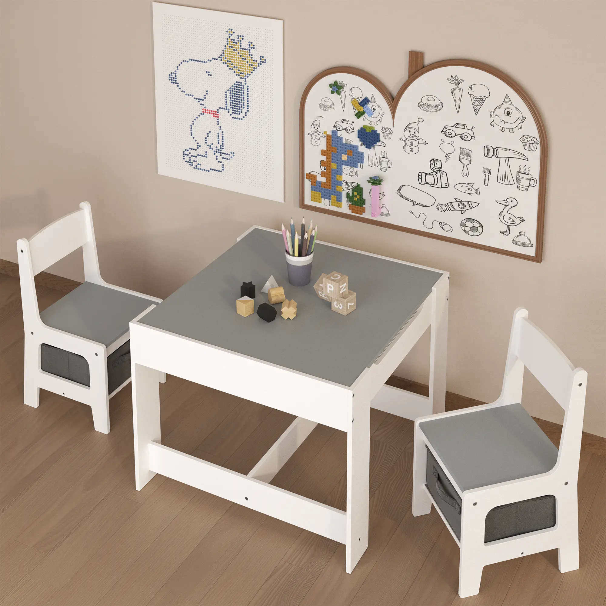 ARCH Sturdy 3-in-1 Convertible Wooden Kids Table and Chair Set - 1 Table with Integrated Storage Drawer, Detachable Tabletop, Toddler Furniture for Drawing, Playroom, Nursery, Multiple Color Options