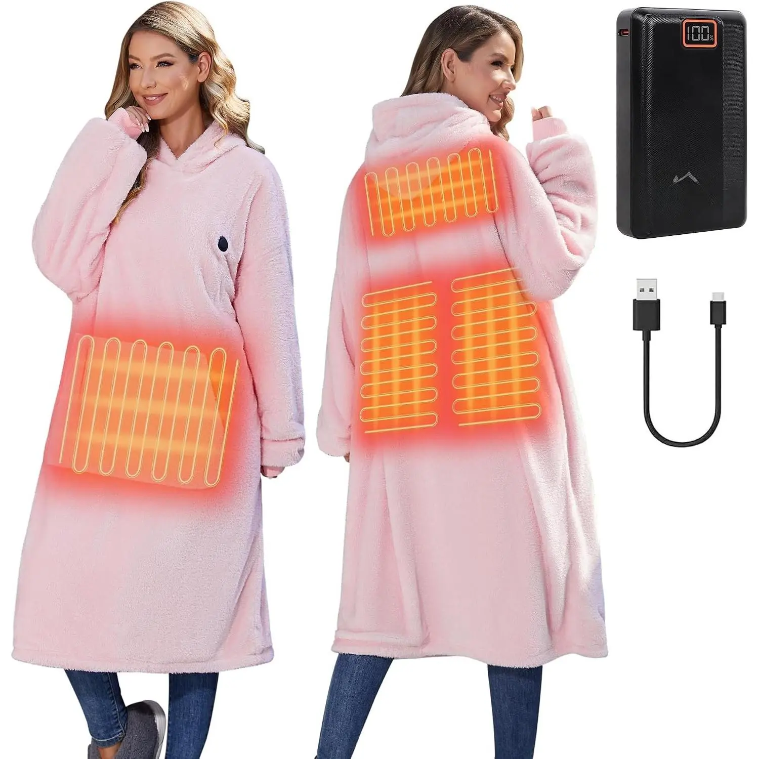 Wearable Heated Blanket Hoodie with 16000 mAh ,Cordless Heating Throw,Electric Shawl Robe with Sleeves, for Family
