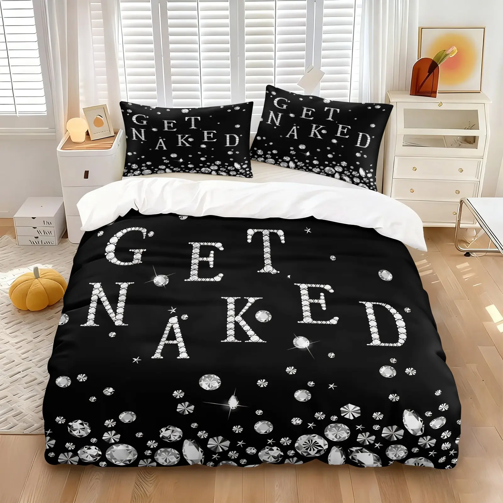 3PCS Luxury Diamond Get Naked Letter Duvet Cover Set (1 Duvet Cover + 1-2 Pillowcases), Black Background Shiny Rhinestone Sparkling Text Print, Soft Cozy Skin-Friendly All Seasons Bedding, Modern Aesthetic, Perfect for Modern Luxury Bedroom Decor