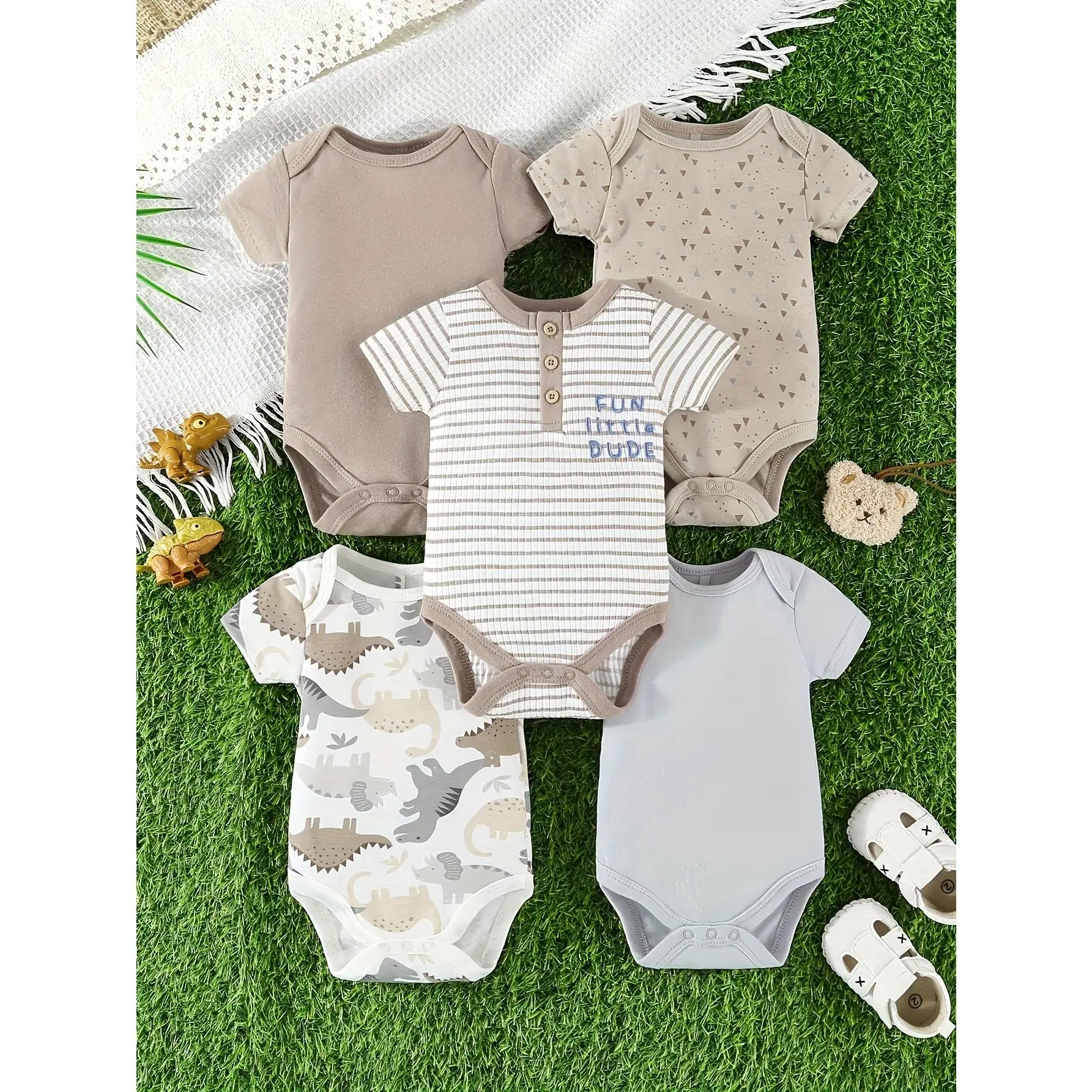 Baby Boys' 5-Piece Hooded Short-Sleeve Rompers Set - Dinosaur & Striped Prints Baby Clothing, Infant Toddler Onesies for Outdoor Activities