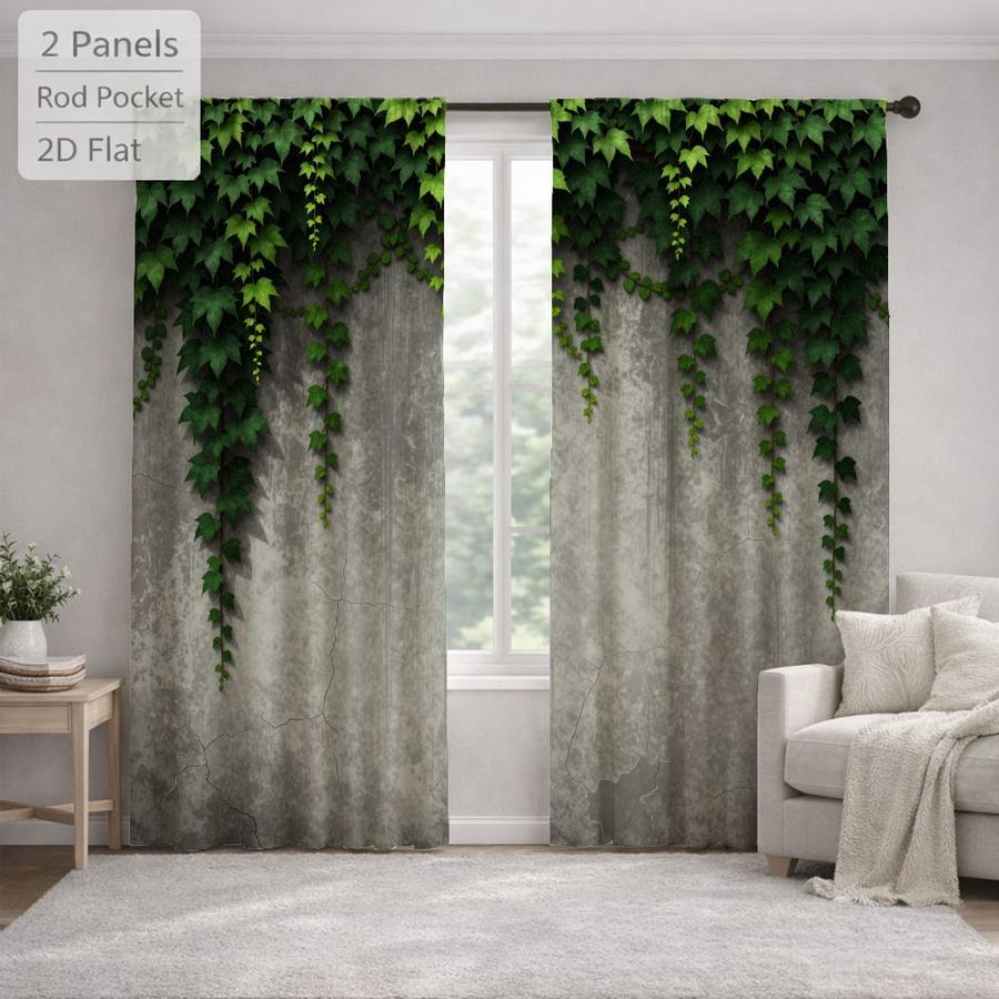 2Pcs Rustic Green Vine Leaf Concrete Wall Pattern Sun Blocking Curtains Digital Printed Rod Pocket, Window Treatment For Bedroom Office Kitchen Living Room Study Home Decor
