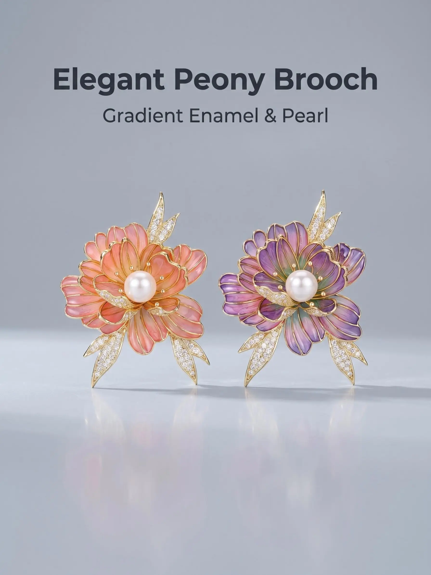 Gradient Peony Flower Brooch, Translucent Enamel Floral Lapel Pin with Central Faux Pearl & Rhinestone Inlaid Leaves, 2 Gradient Color Options (Pink Orange / Purple Pink), Golden Alloy Elegant Accessory for Dresses, Cheongsam & Hanfu