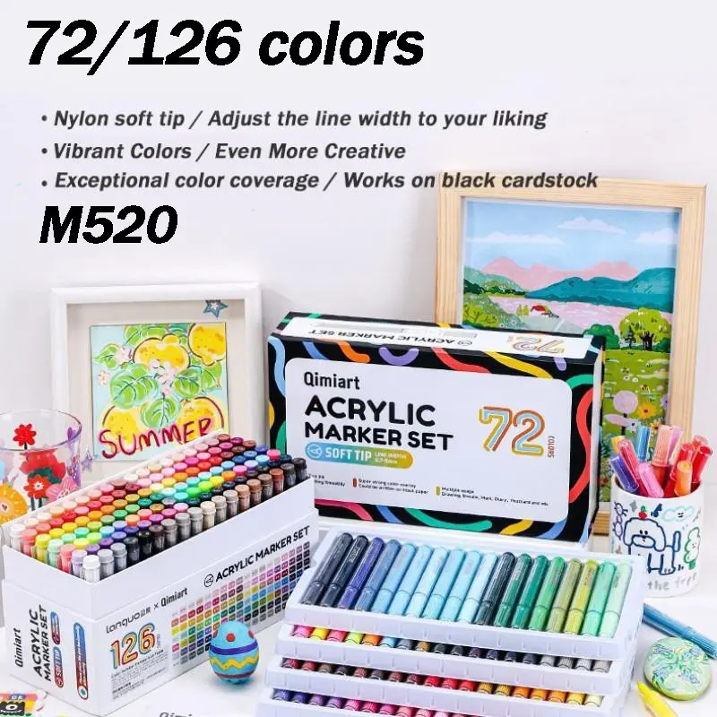 M520 Acrylic Marker Pens, Soft Tip 72/126 Colors, Watercolor Art Painting Set, Layering Compatible, Ideal for Artists and Crafters
