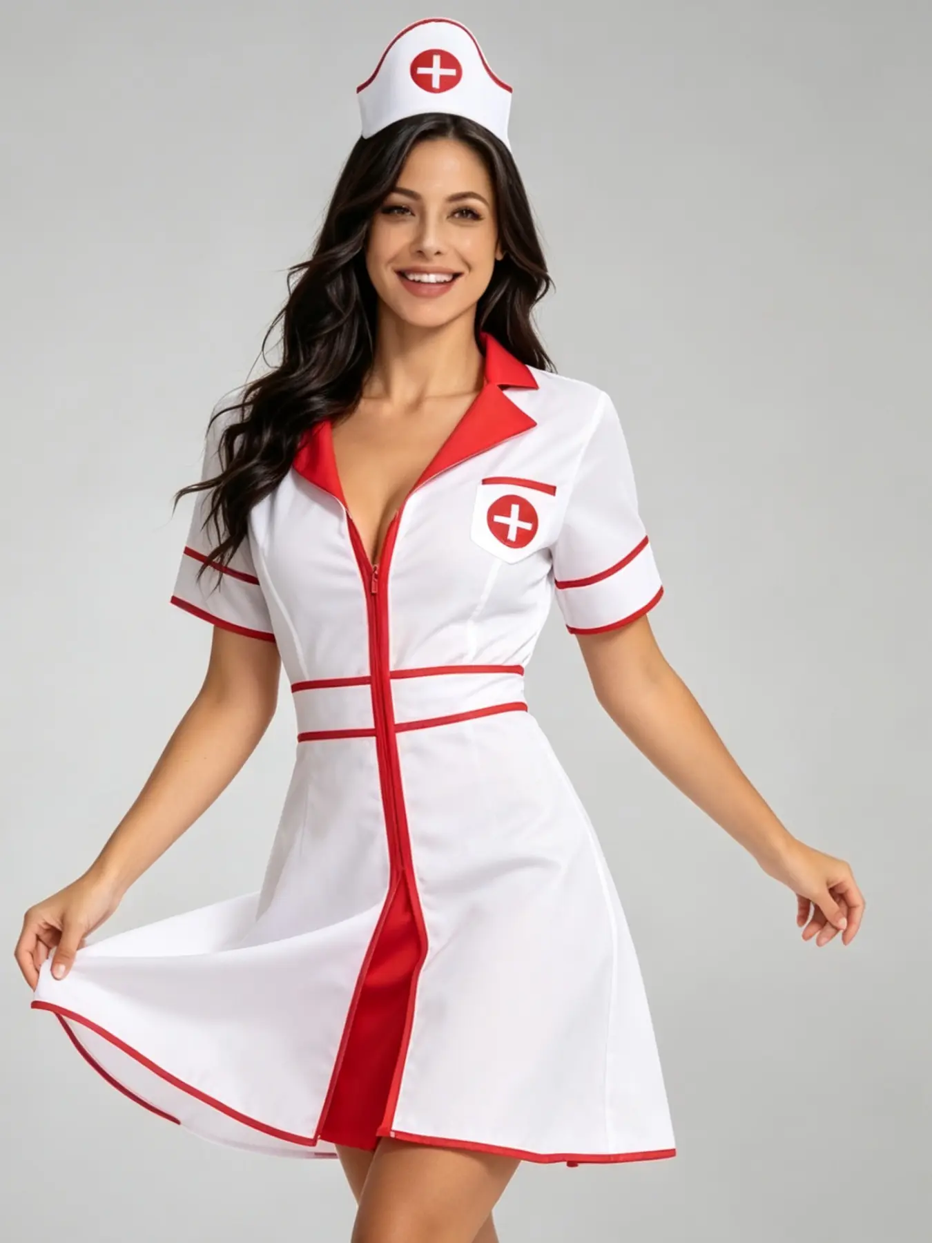 Retro Red And White Nurse Outfit Deep V Zip Dress Halloween Party Stage Show Cosplay Costume