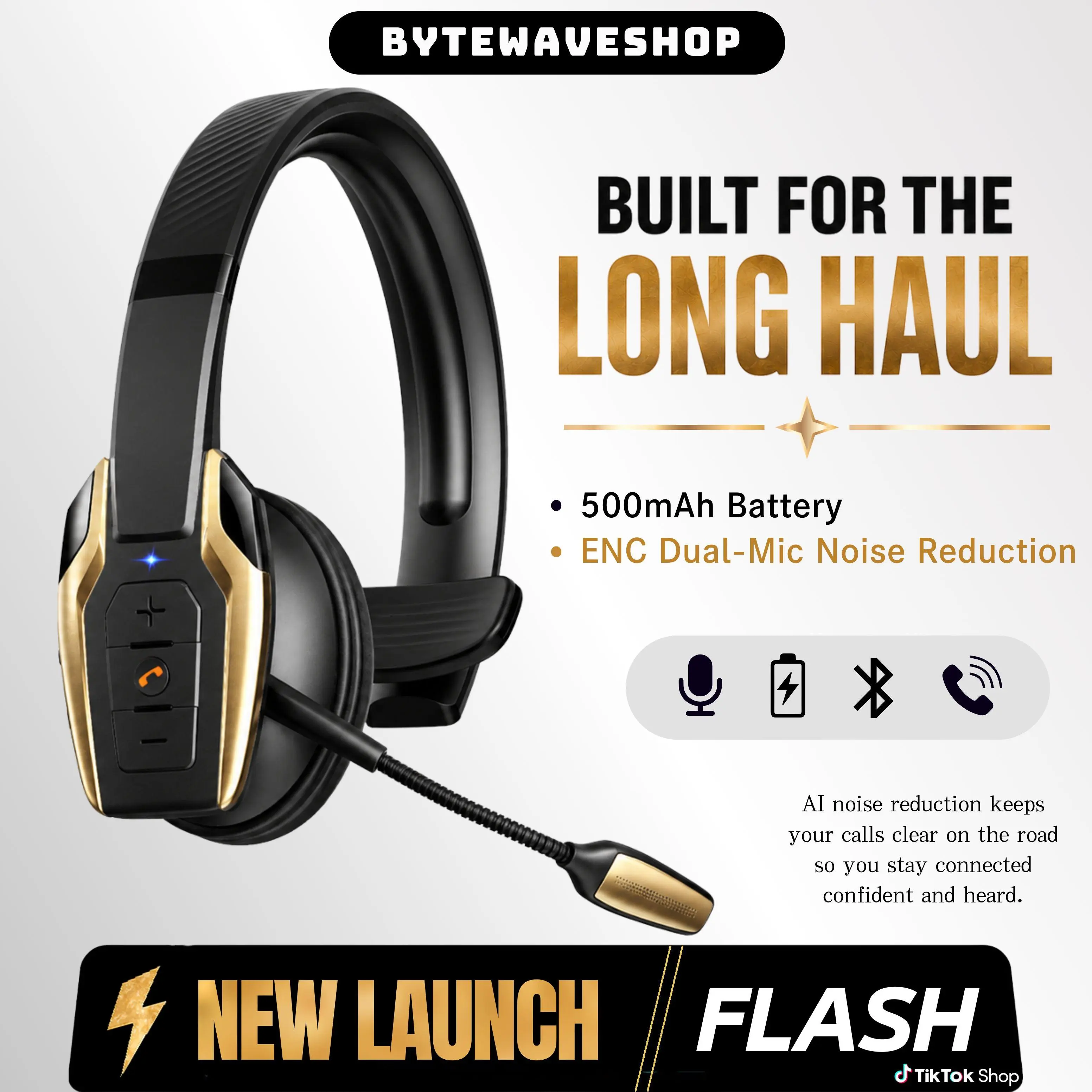 ByteWaveShop Gold Trucker Bluetooth Headset, Wireless Headset with ENC Dual Noise-Canceling Mic, Mute Button, 58H Playtime, 270° Flexible Boom Mic, Bluetooth 6.0 Headset for Truck Drivers, Cell Phones, PC & Meetings