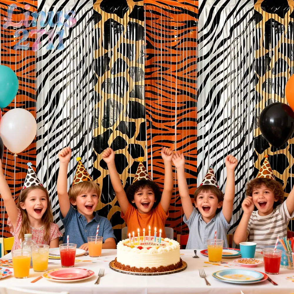 Animal Print Tinsel Fringe Curtain Zebra Tiger Giraffe Pattern Jungle Safari Wild Kids Birthday Carnival Zoo Theme Photography Party Backdrop Decor