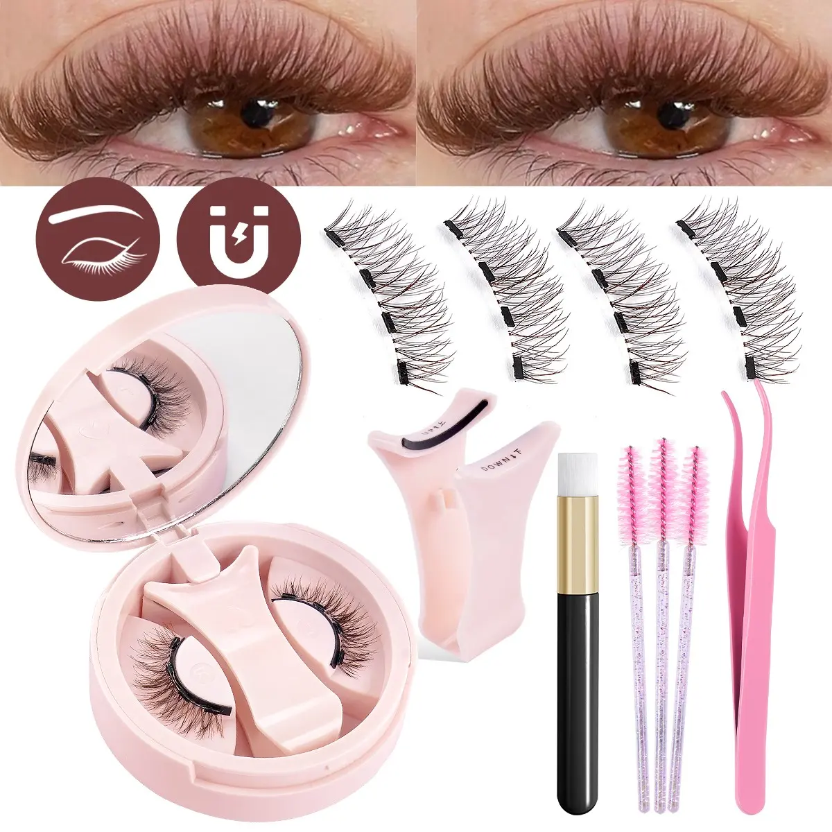 MAANGE 1 Pair Magnetic Lash Set, Includes Magnetic Clip, Face Brush, Tweezers, 3 Lash Brushes, Beauty Tools for Makeup Application