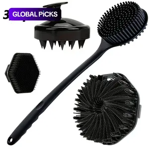 3/4-Piece Silicone Shower Brush Set, Including Scalp Massager, Long-Handled Body Scrub Brush, Facial Cleaner & Exfoliating Pad, Exfoliating & Relaxing, Soft Silicone Bristles, A Must-Have Exfoliating Bath Tool for Men & Women