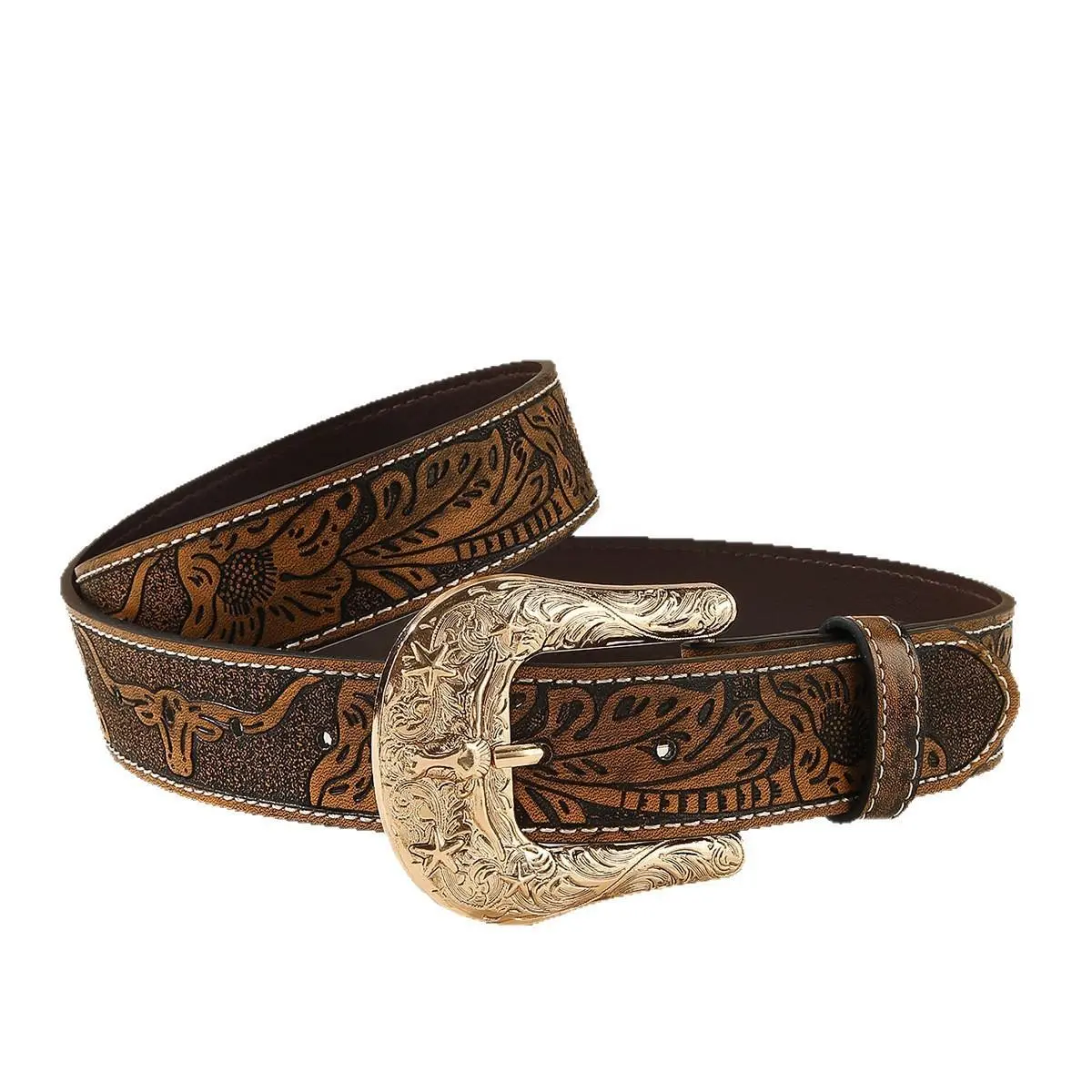 Vintage Western Leather Belt with Floral Tooling for Men and Women, Unisex Country Style Jean Belt for Concerts, Belts