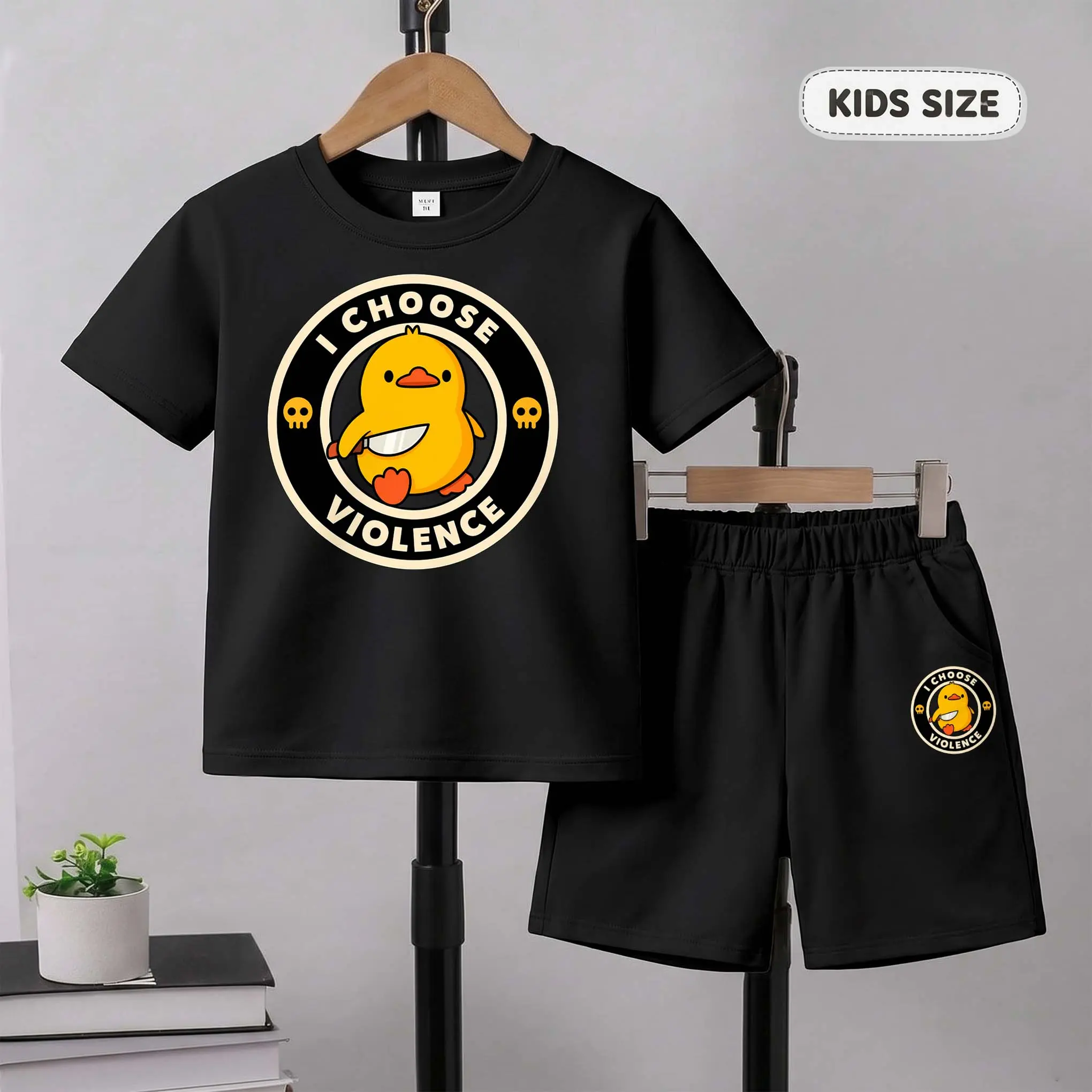 Kids’  "I Choose Violence" Print Short-Sleeve T-Shirt And Shorts Set—Casual Summer Kids' Clothing. This Round-Neck Outfit Combination Is Perfect For Everyday Wear And Outdoor Play.