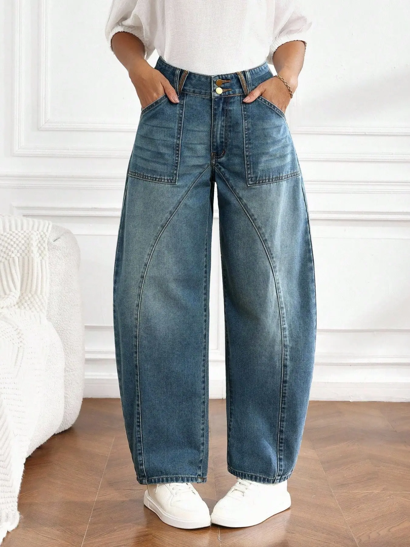 Blue High-Waisted Women Denim Jeans, Slim-Fitting Straight Leg, Double Button Design, Fashionable Banana Pants, All-Season Wear, Plain Surface