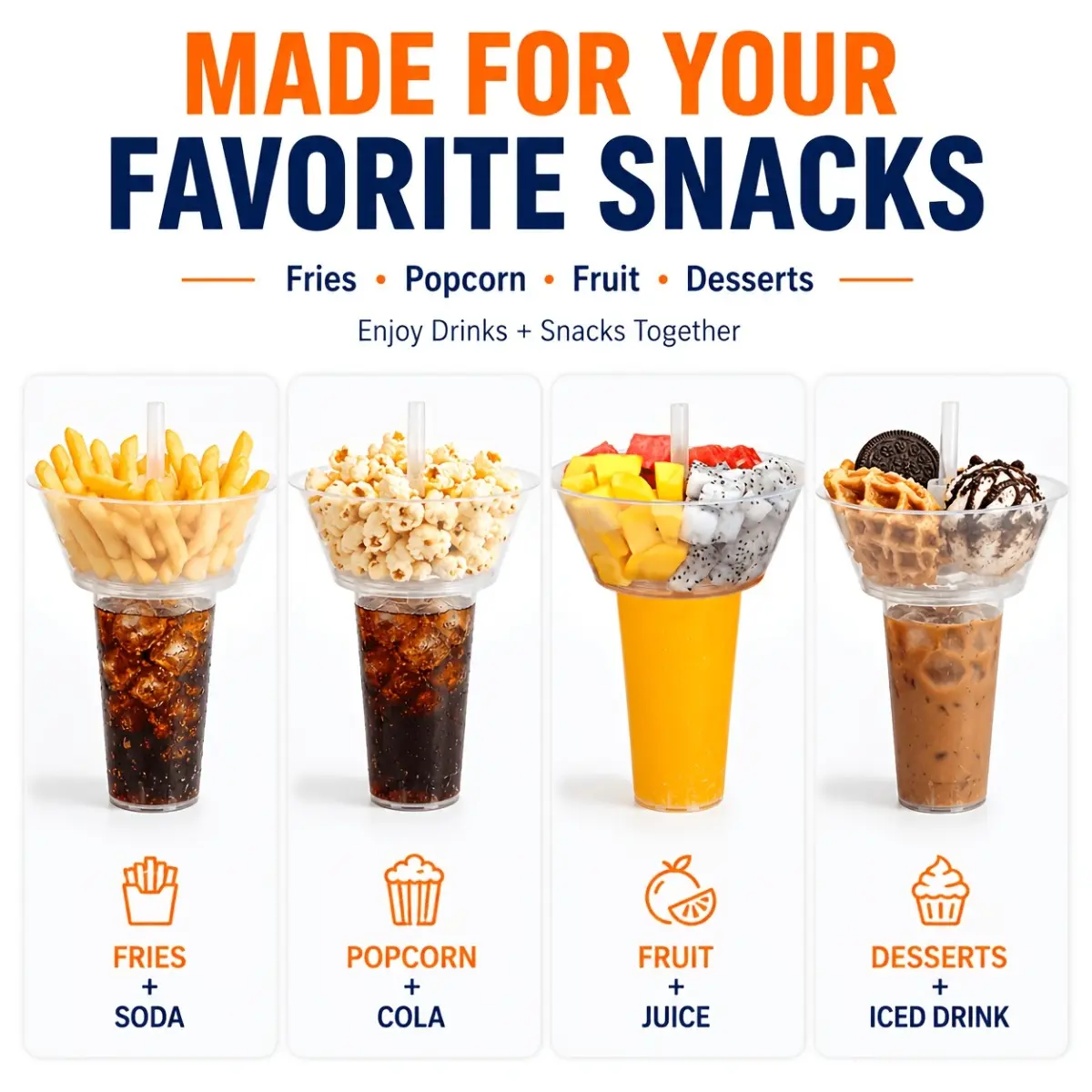 2-in-1 Reusable Snack and Drink Cup Set, 16oz Cups with 5 Cups, 5 Bowls and 5 Straws, Leak Resistant Design for Fries, Popcorn, Fruit and Desserts, for Parties, Picnics, Cinema, Travel and Car Use, Container Set