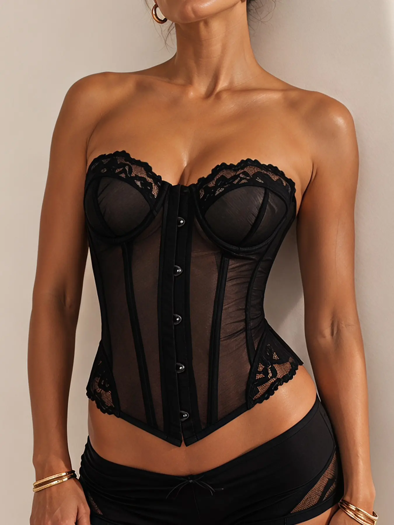 Sexy Black Mesh Lace Strapless Boned Structure Corset Bustier Top for Women Front Closure Waist Control Shapewear Push Up Waist Cincher Shapewear for Party Club Date Festival Streetwear Underwear