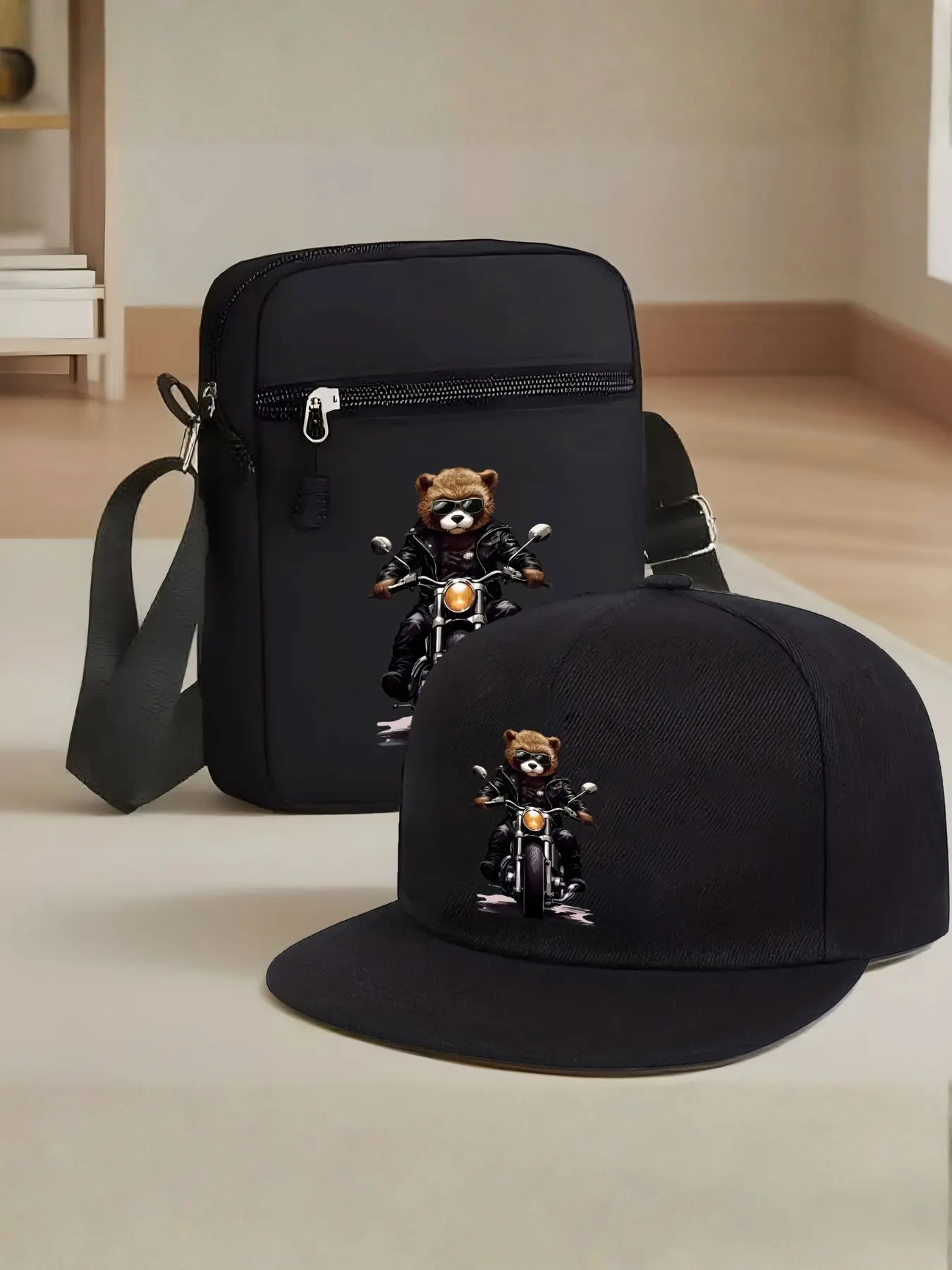 Bear Motorcycle Pattern Baseball Hat and Crossbody Bag Set, Adjustable Practical Design Street Fashion Outdoor Sports Gear, Perfect Gift for Men and Women