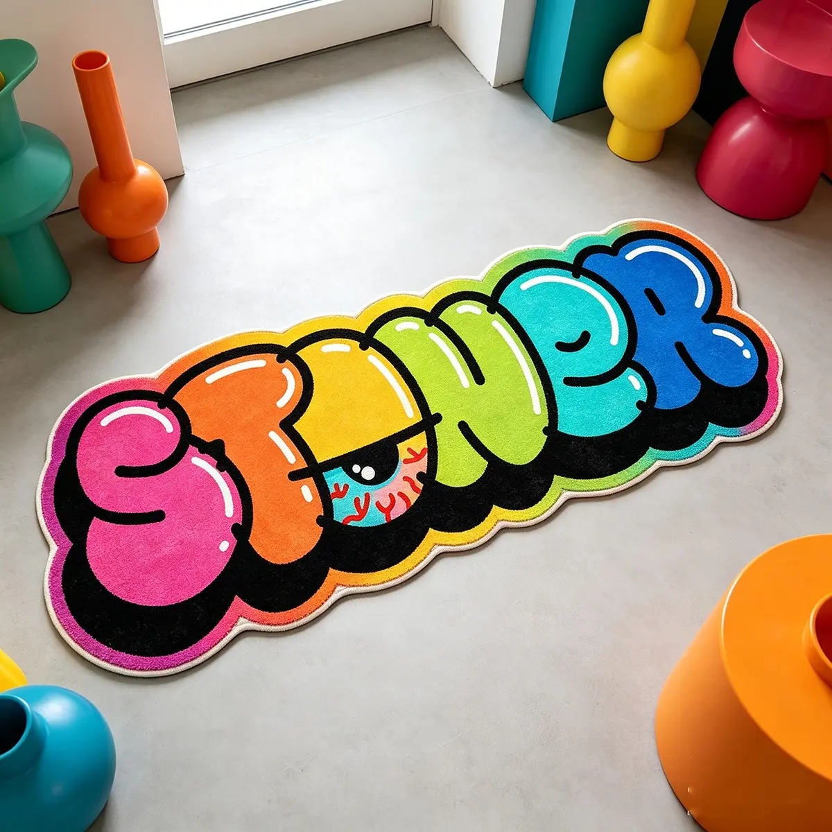 Abstract Wave Edge Colorful Bubble Graffiti Letter 'stoner' Rug, Soft Washable Foldable Non-Slip Carpet, Ideal for Living Room Bedroom