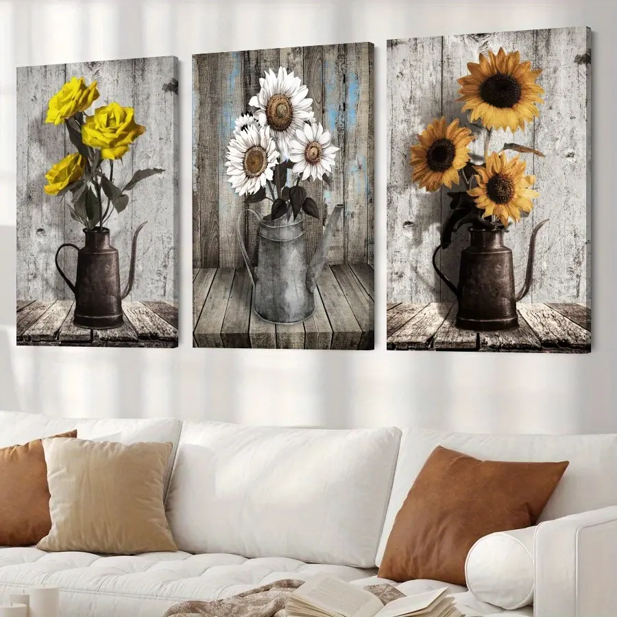 Sunflower-Yellow Rural Farmhouse 3-Piece Framed Canvas Wall Art - Ready To Hang - For Living Room, Bedroom - Christmas, New Year Gift Idea For Her - Home Decor